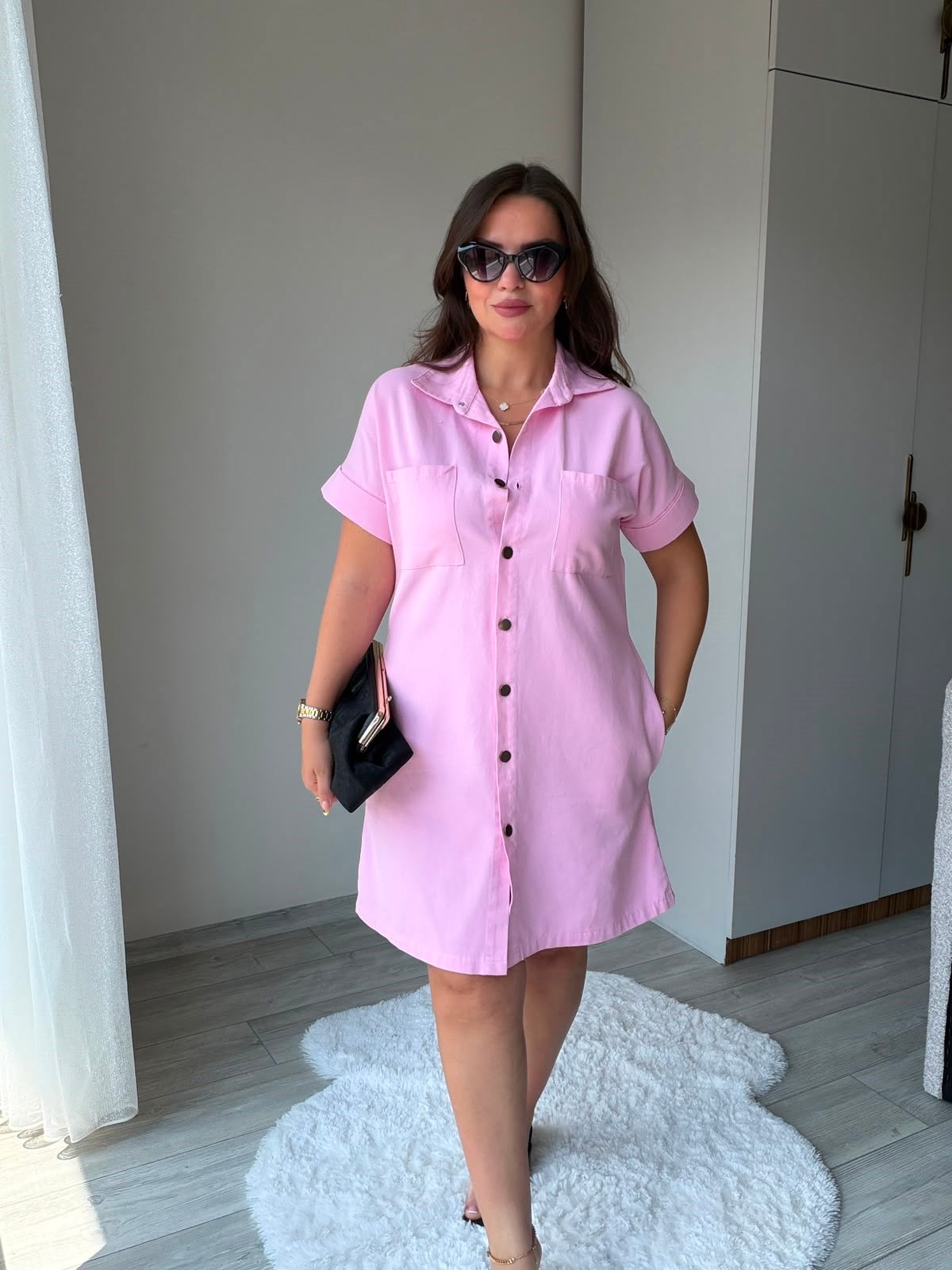 410 Yıkamalı Gabardin Elbise PEMBE