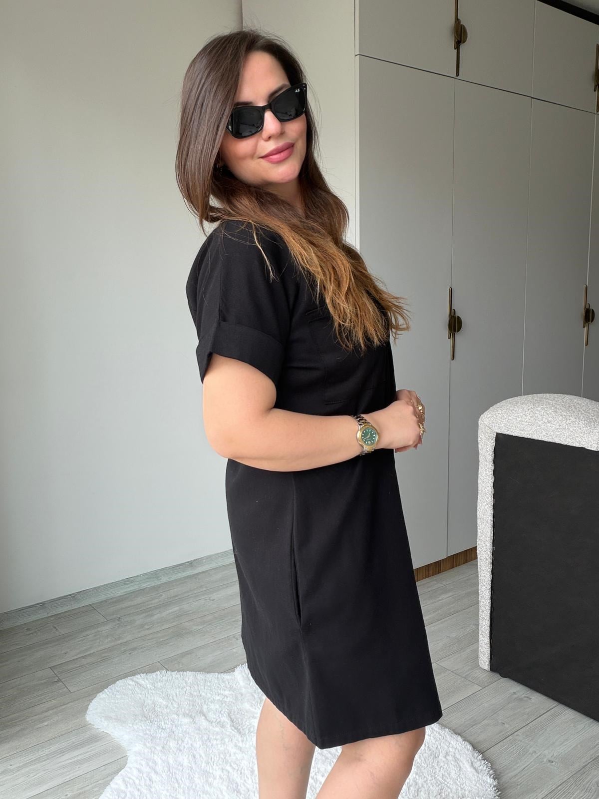 410 Yıkamalı Gabardin Elbise SİYAH