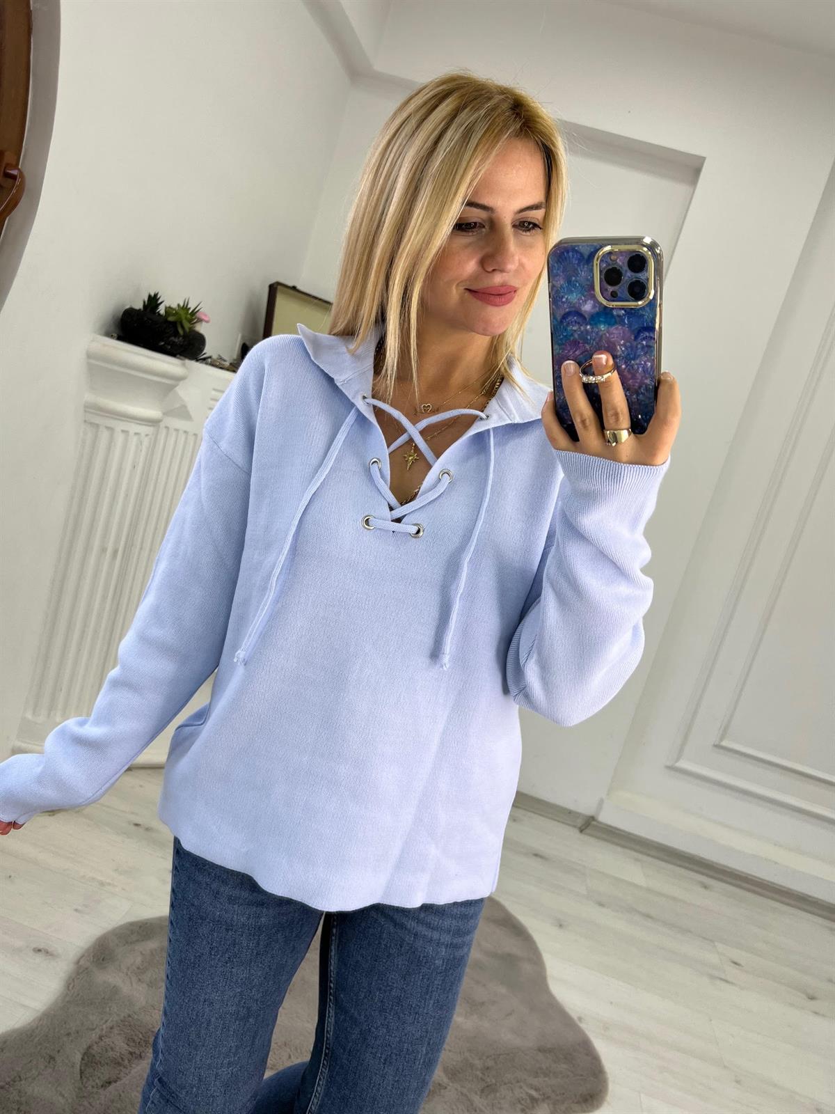 4101 Polo Yaka Ön İpli Triko BEBE MAVİ