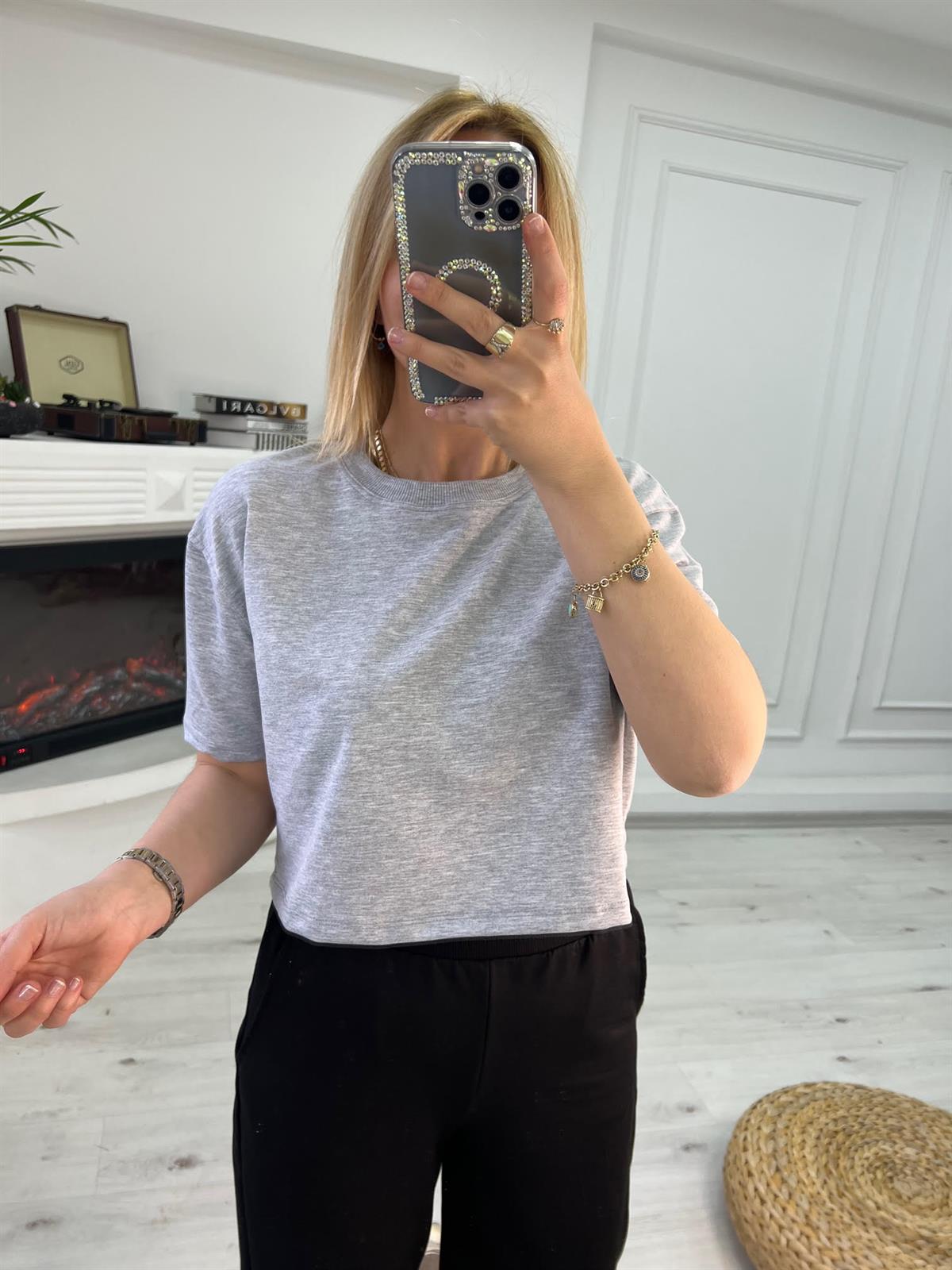 4184 İki İplik Kısa Tshirt GRİ