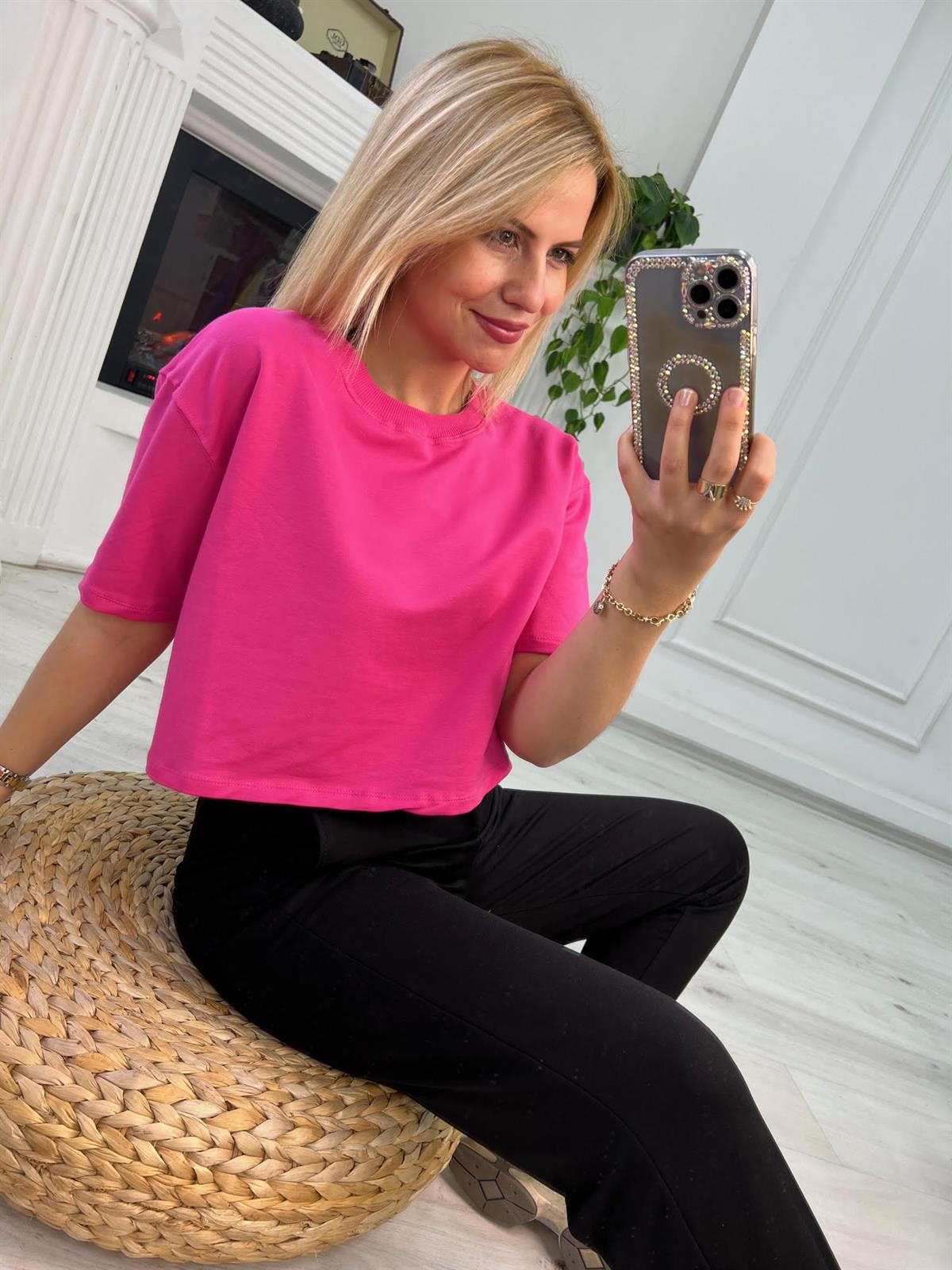4184 İki İplik Kısa Tshirt PEMBE