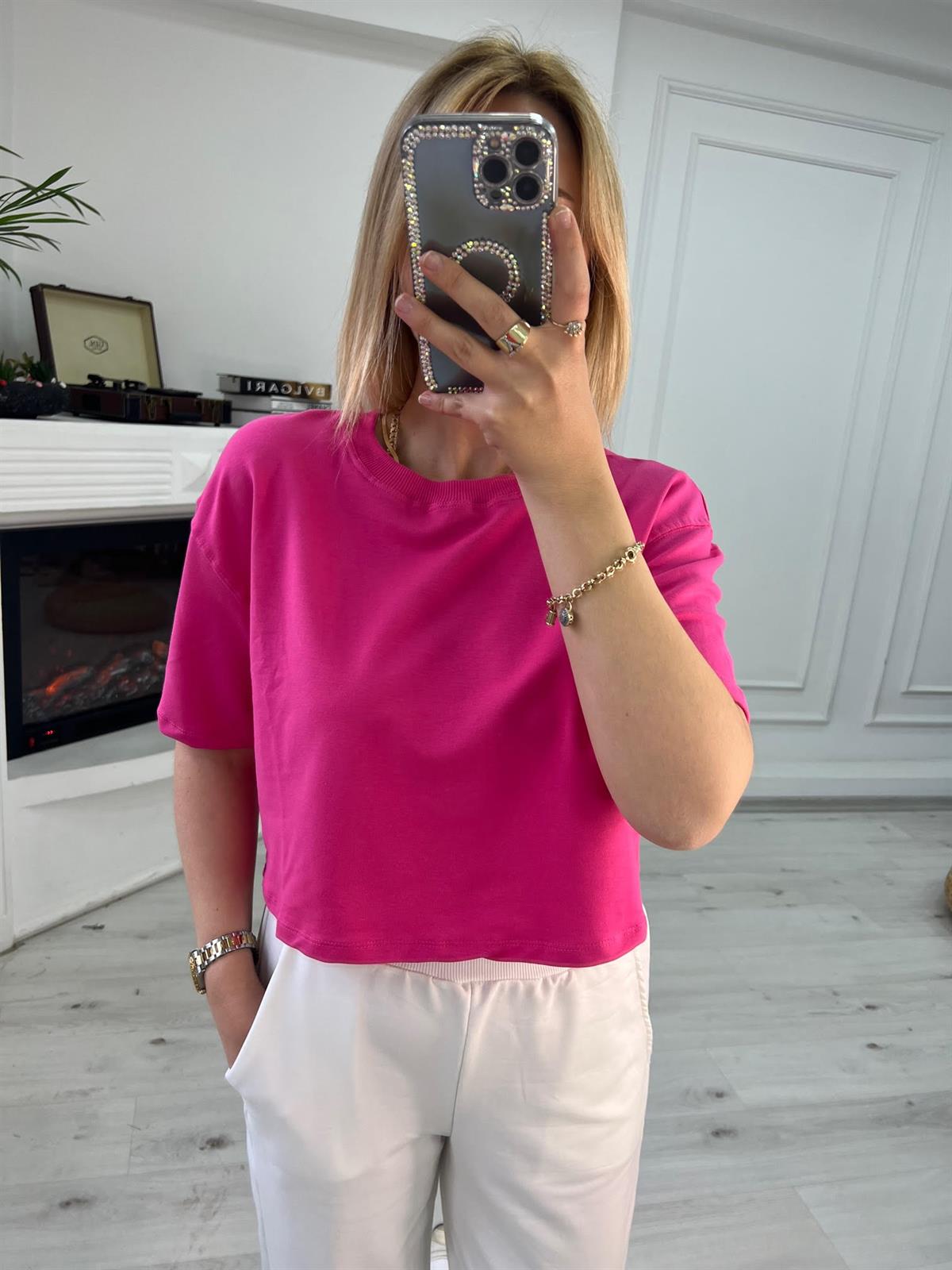 4184 İki İplik Kısa Tshirt PEMBE