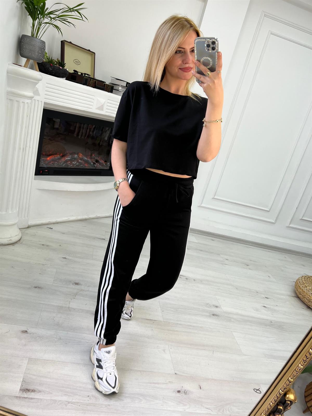 4184 İki İplik Kısa Tshirt SİYAH