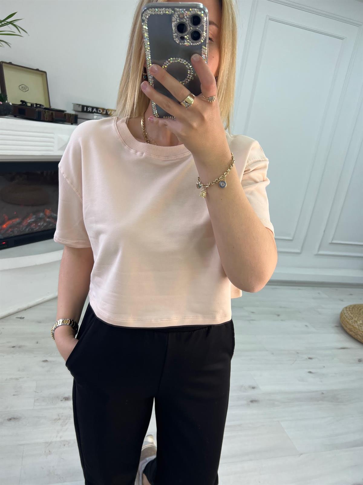 4184 İki İplik Kısa Tshirt TAŞ