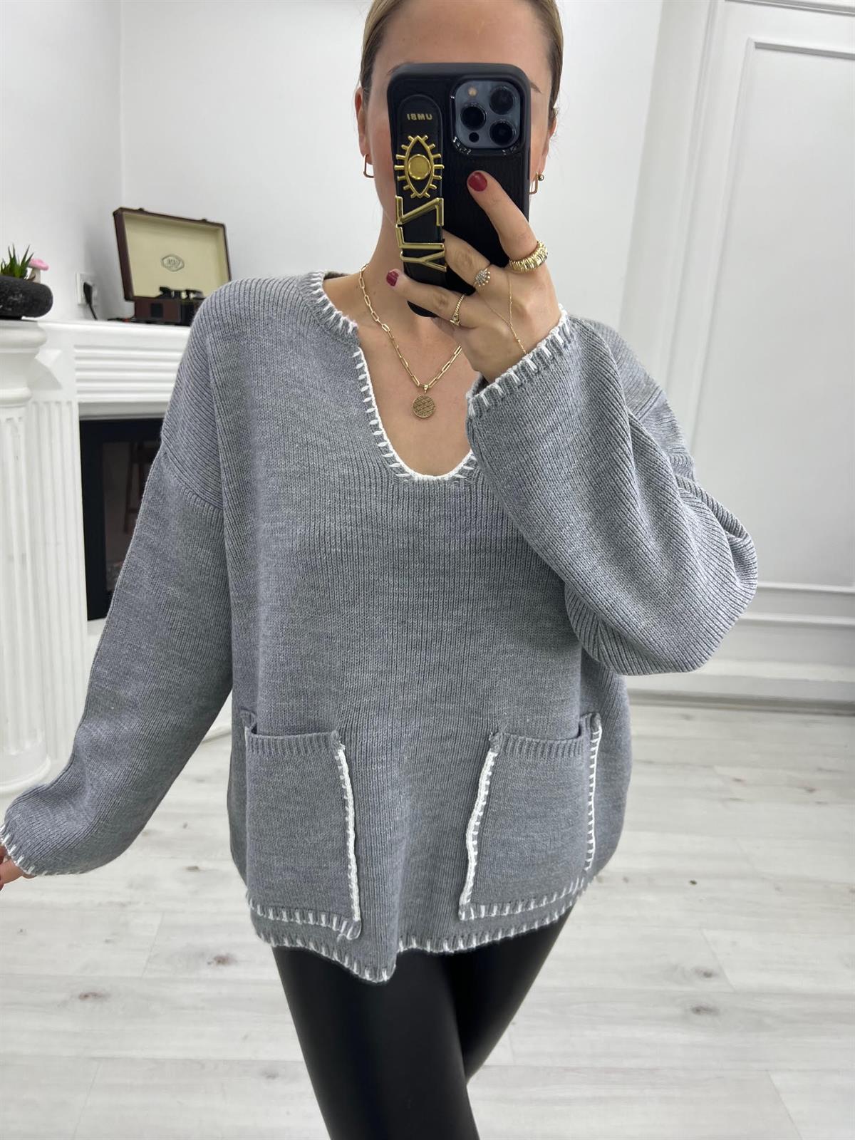 4188 Cepli İşleme Detay Triko GRİ