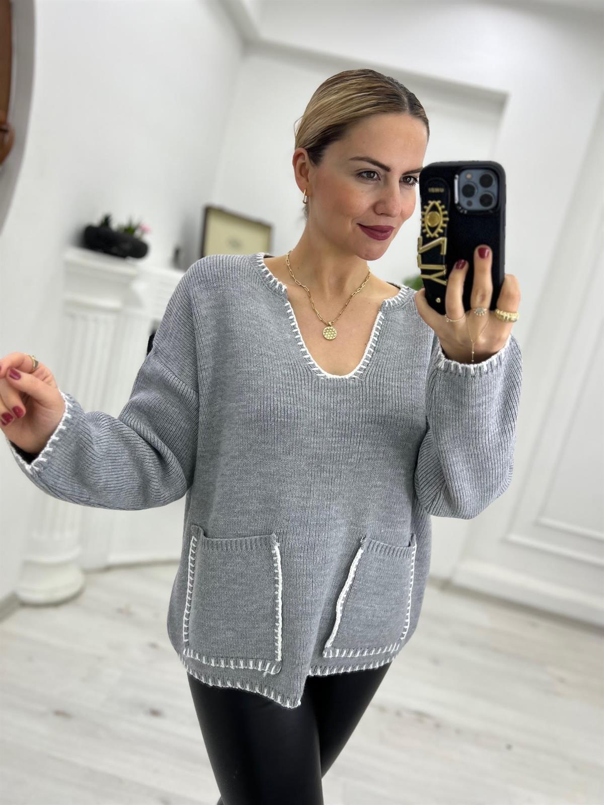 4188 Cepli İşleme Detay Triko GRİ