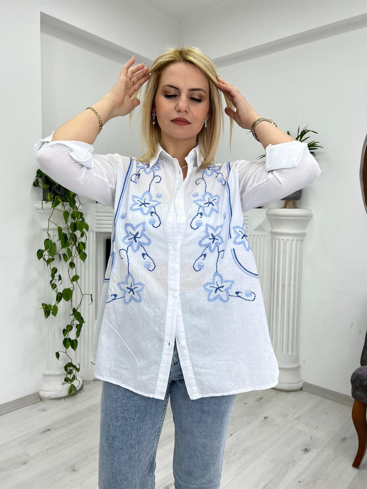 41891 Nakış İşlemeli Gömlek BEYAZ