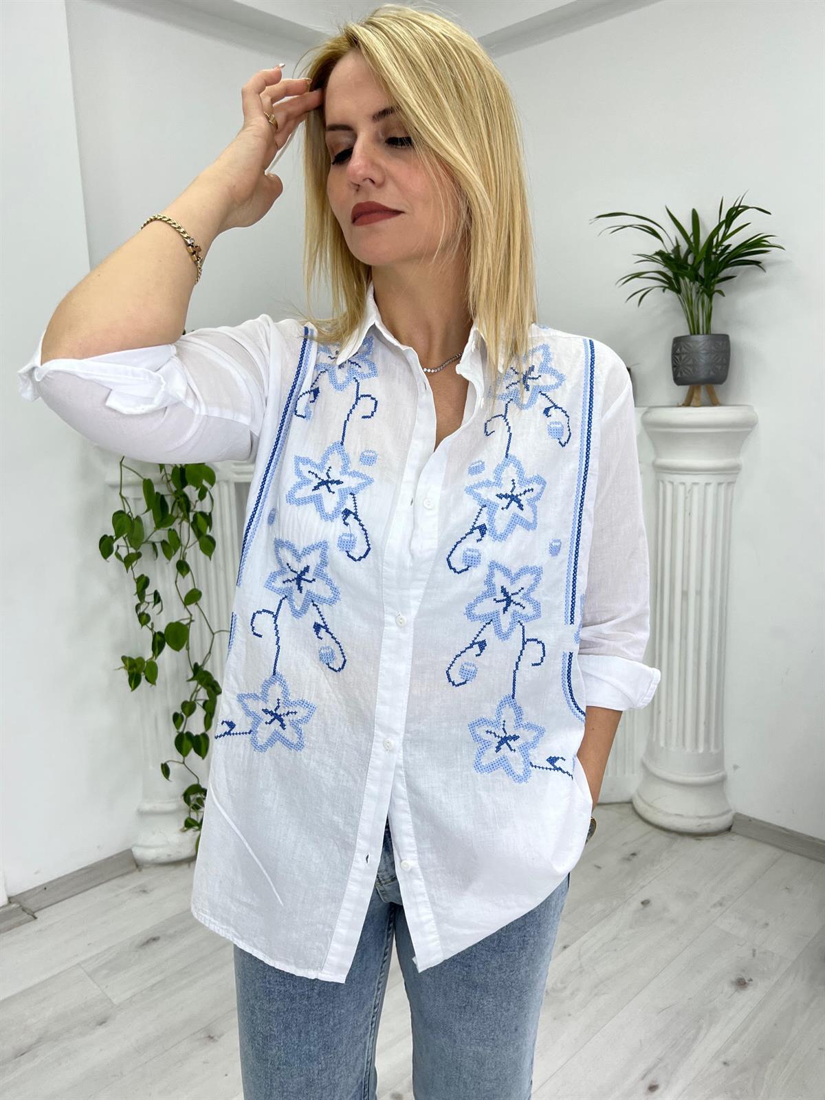 41891 Nakış İşlemeli Gömlek BEYAZ