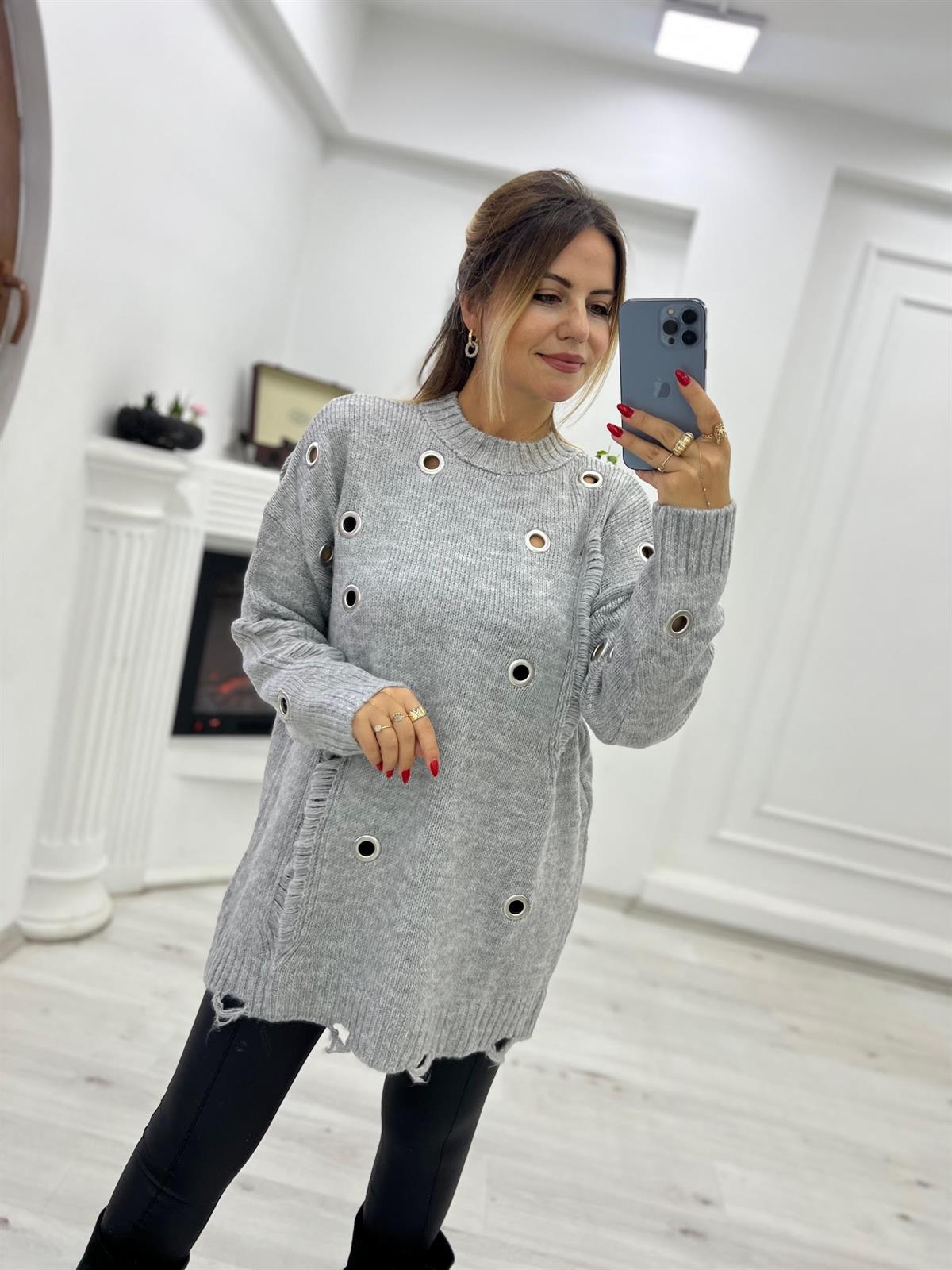 4214 Metal Yırtık Detay Tunik Kazak FÜME
