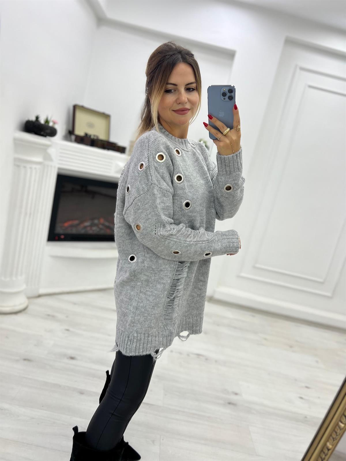4214 Metal Yırtık Detay Tunik Kazak FÜME