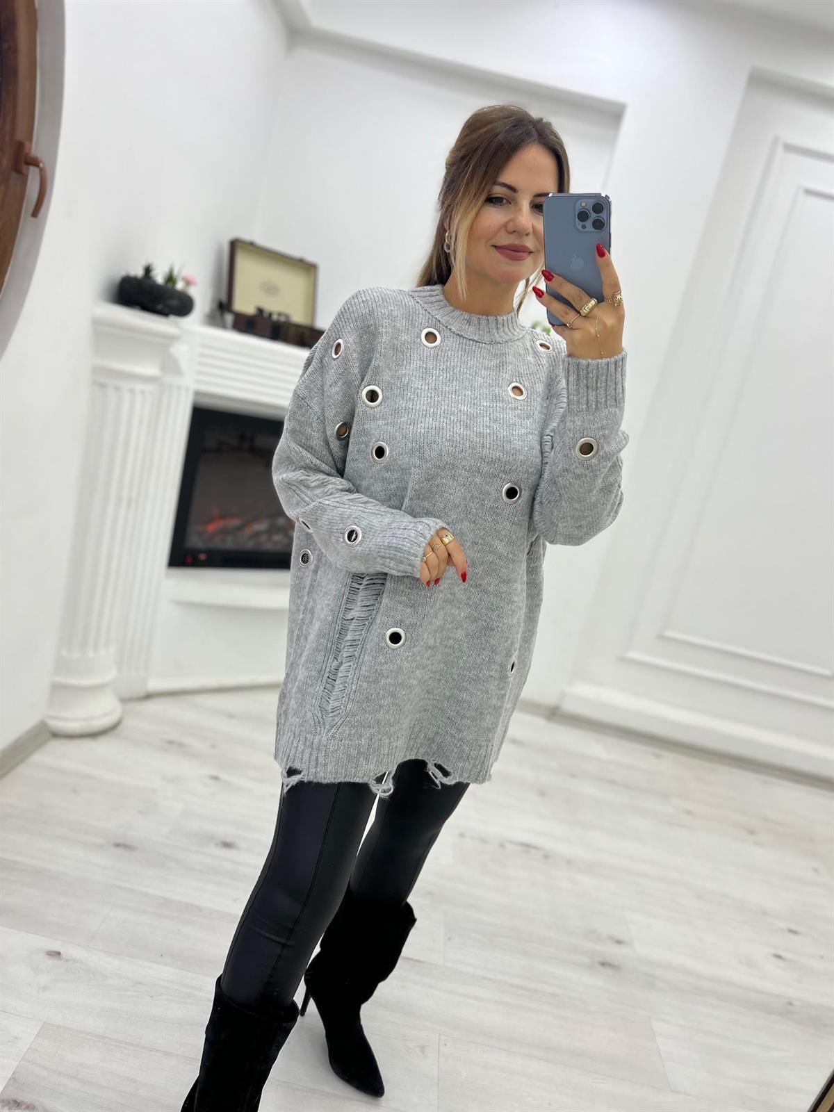 4214 Metal Yırtık Detay Tunik Kazak FÜME