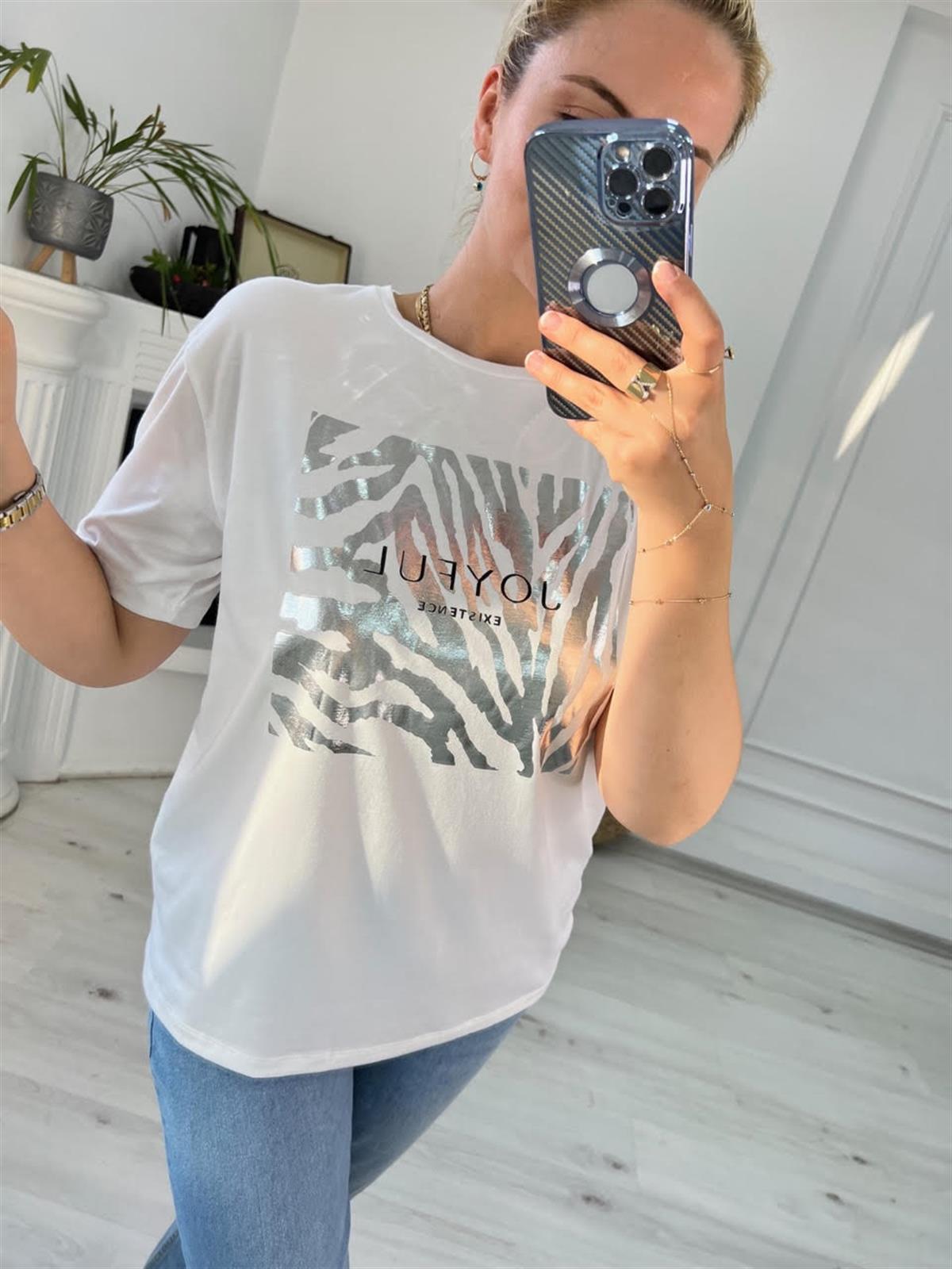 4266 Zebra Varak Baskılı Tshirt GRİ