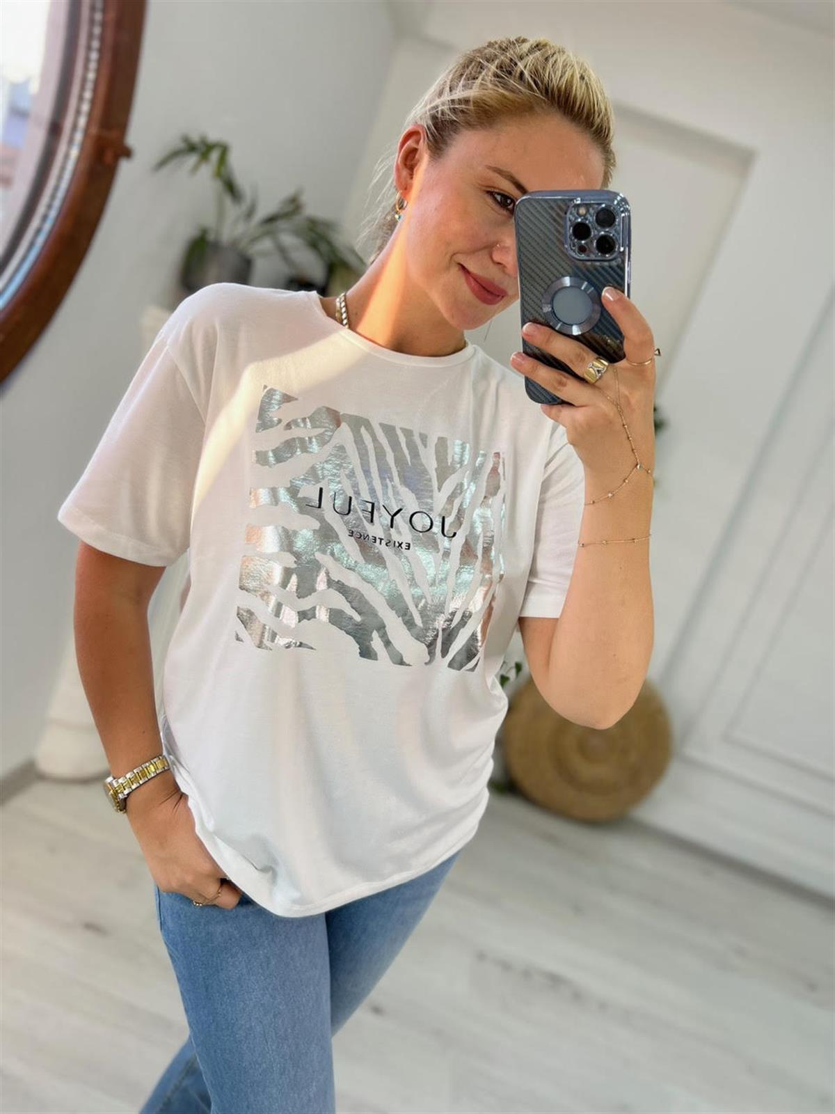 4266 Zebra Varak Baskılı Tshirt GRİ