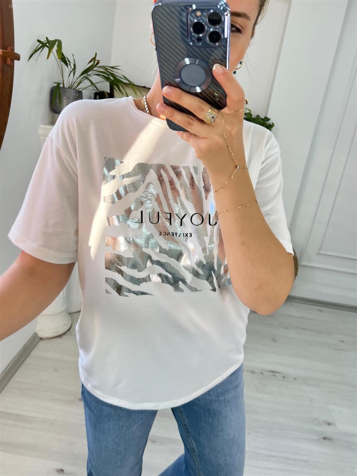 4266 Zebra Varak Baskılı Tshirt GRİ