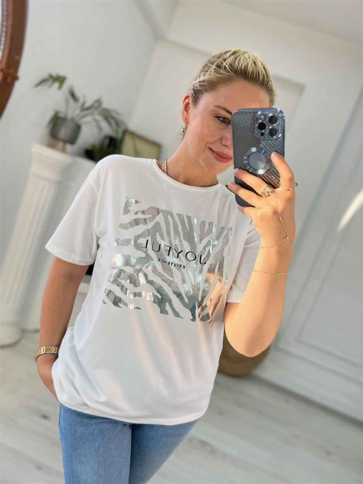 4266 Zebra Varak Baskılı Tshirt GRİ