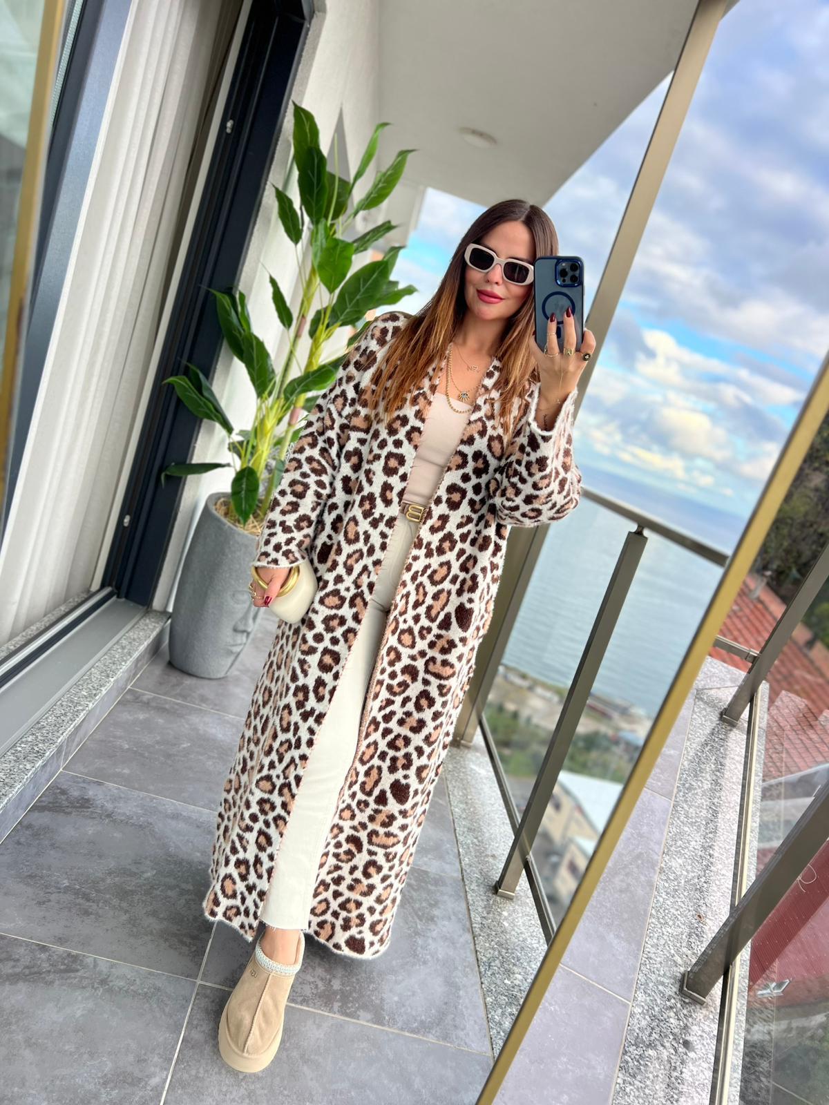 4381 Leopar Uzun Hırka KAHVE