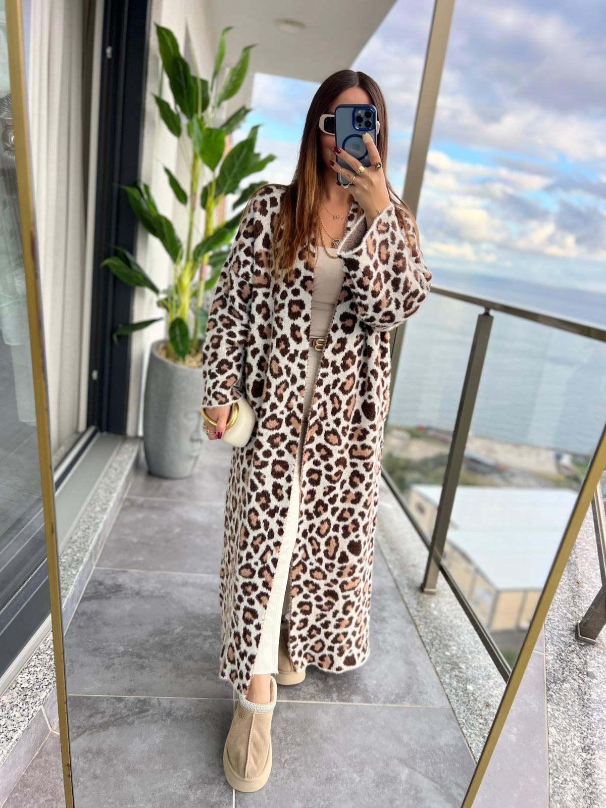 4381 Leopar Uzun Hırka KAHVE