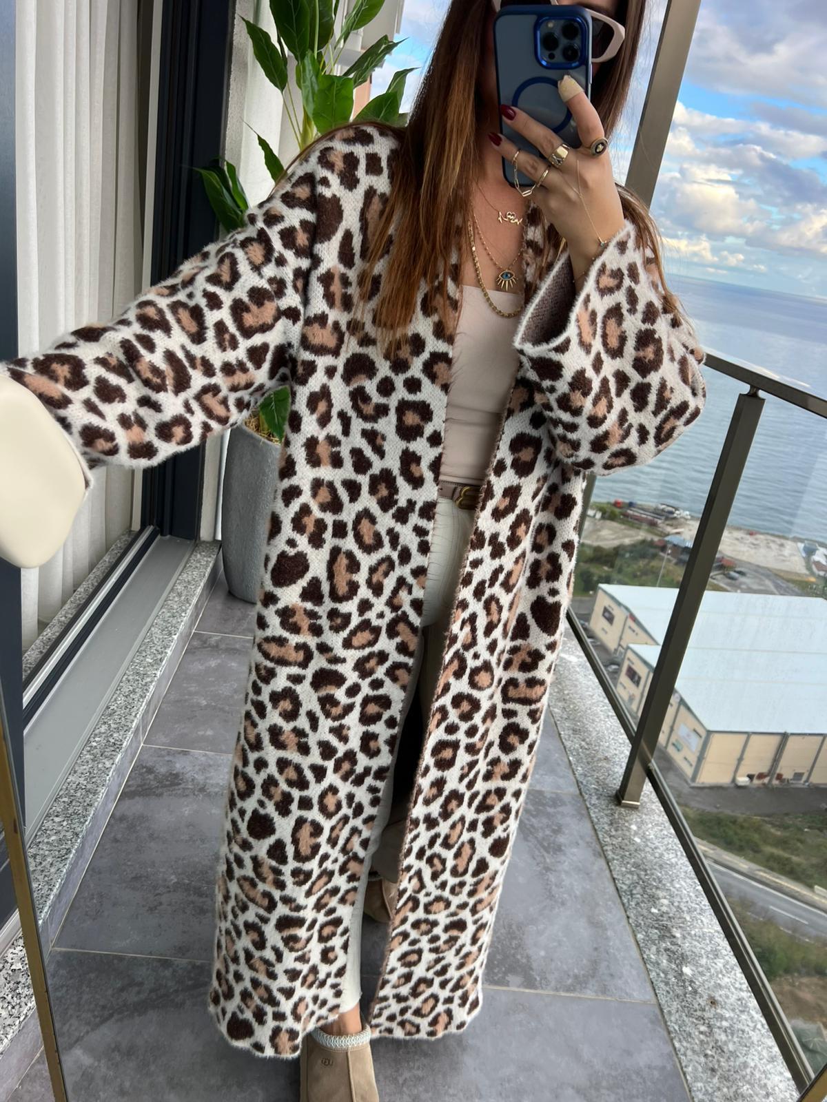4381 Leopar Uzun Hırka KAHVE