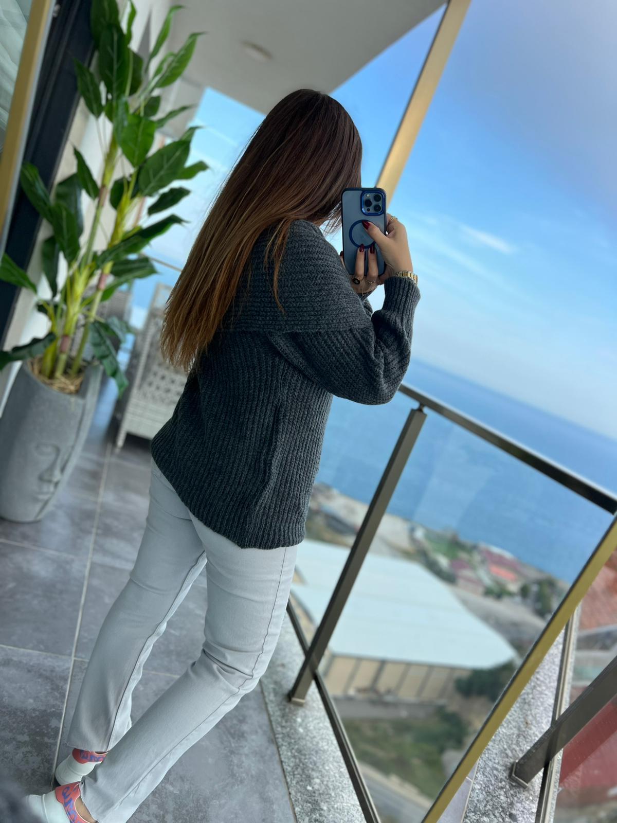 4394 Selanik Örgü Şal Yaka Kazak ANTRESİT