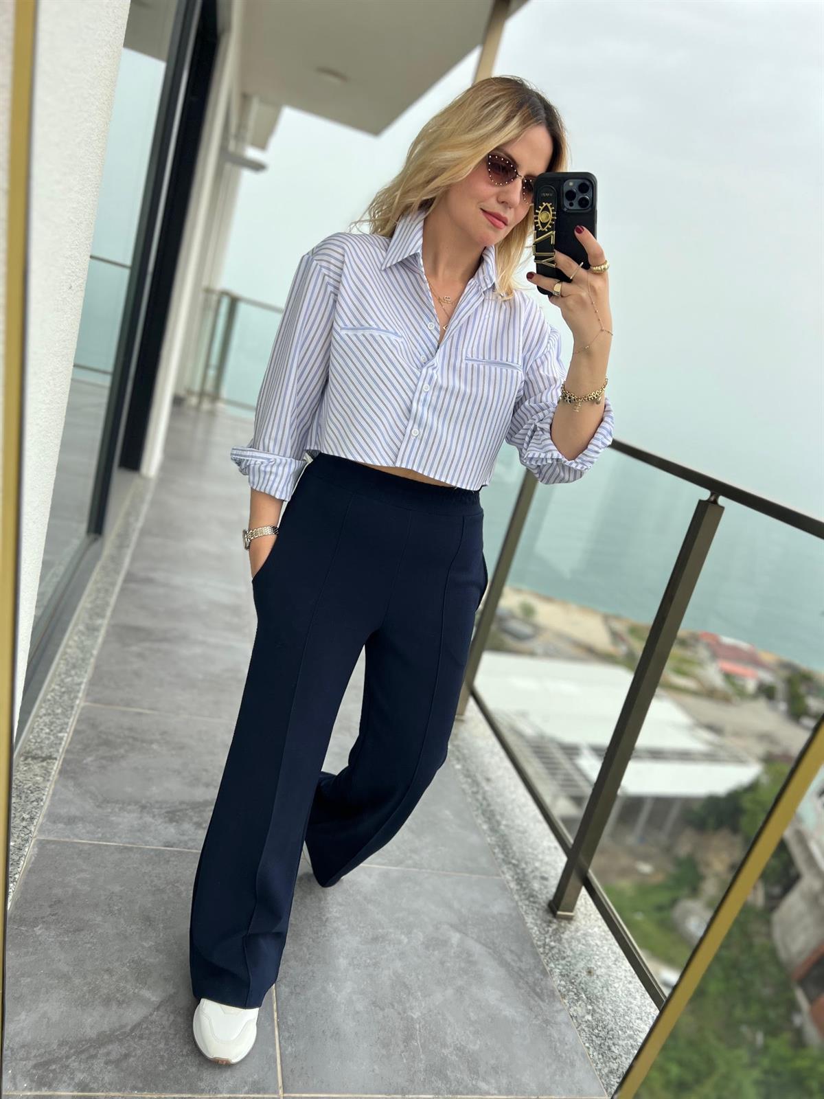 4448 Çizgili Crop Gömlek BEYAZ