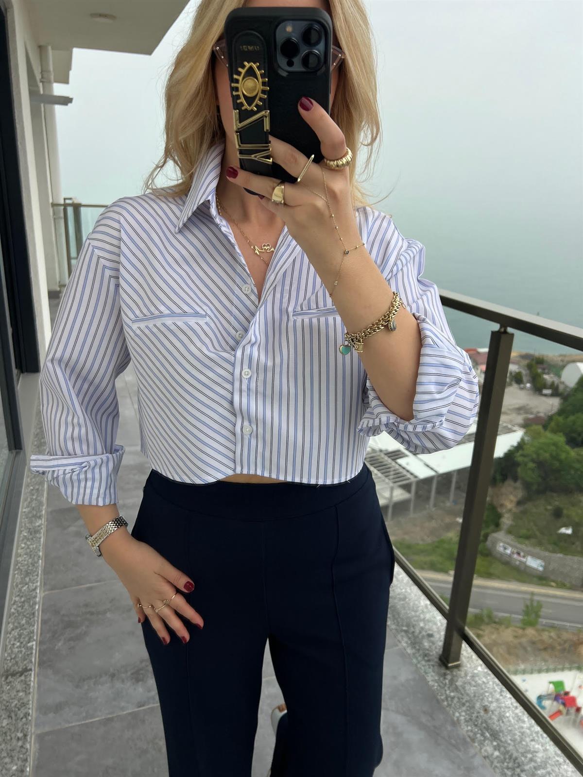 4448 Çizgili Crop Gömlek BEYAZ