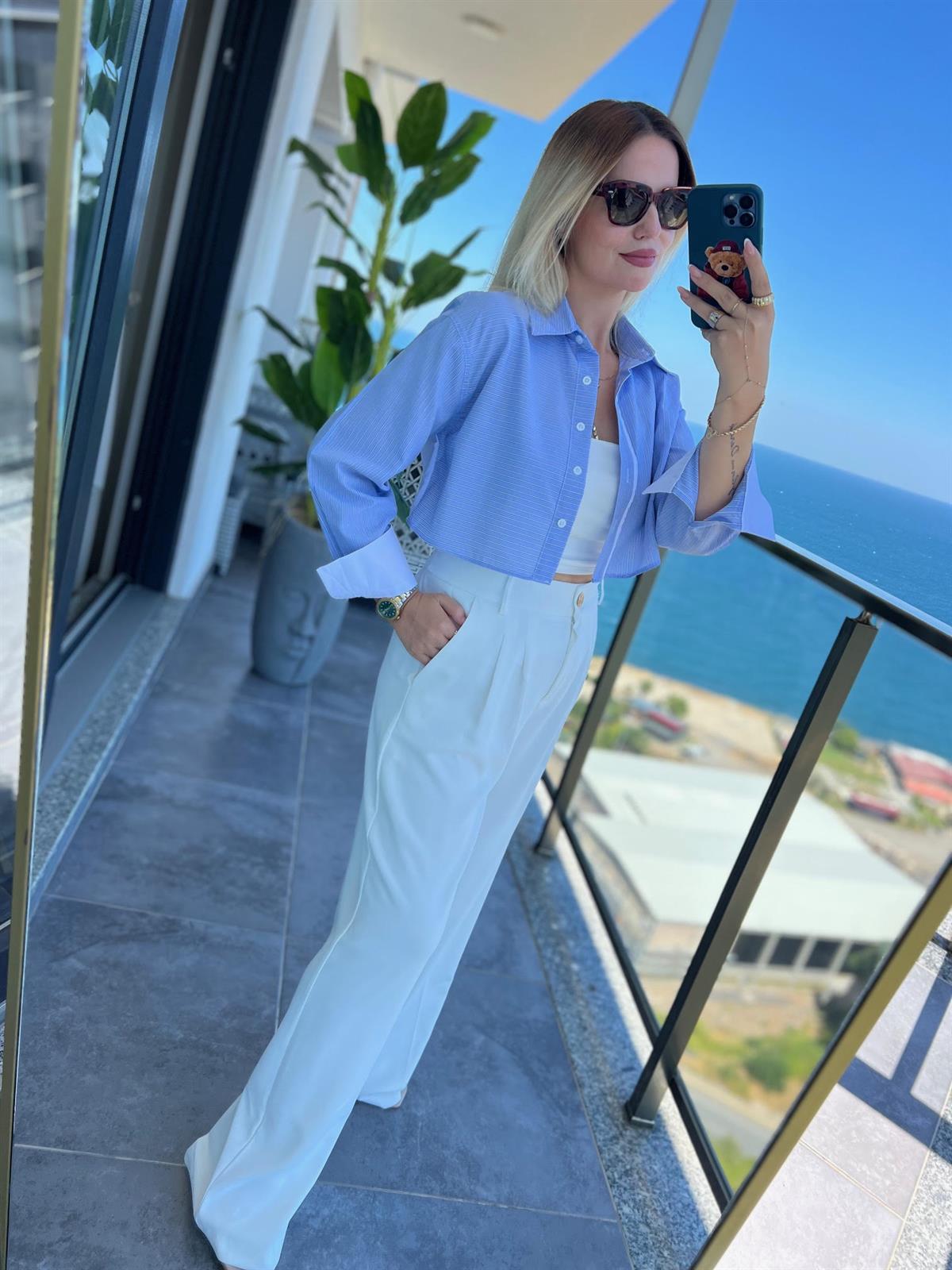4451 Asimetrik Çizgili Crop Gömlek BEBE MAVİ