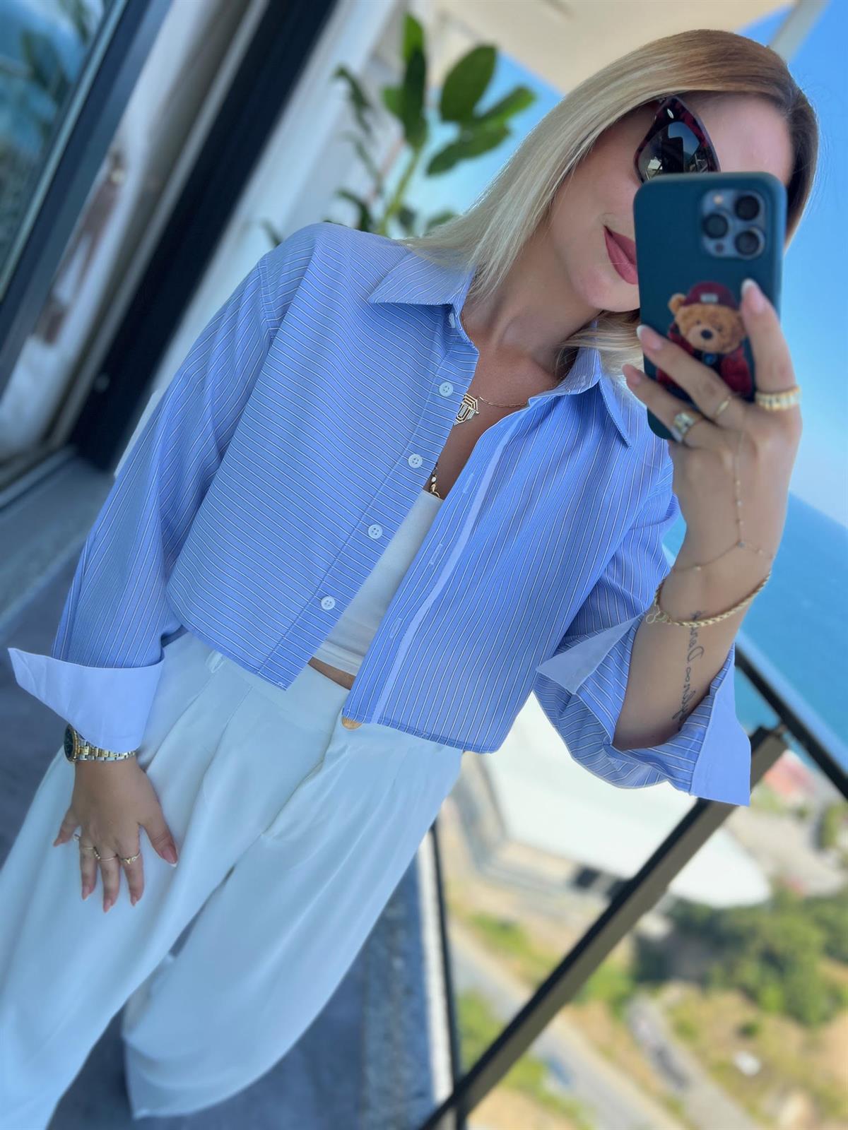 4451 Asimetrik Çizgili Crop Gömlek BEBE MAVİ