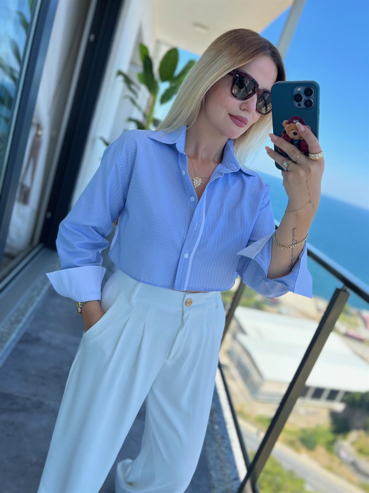 4451 Asimetrik Çizgili Crop Gömlek BEBE MAVİ