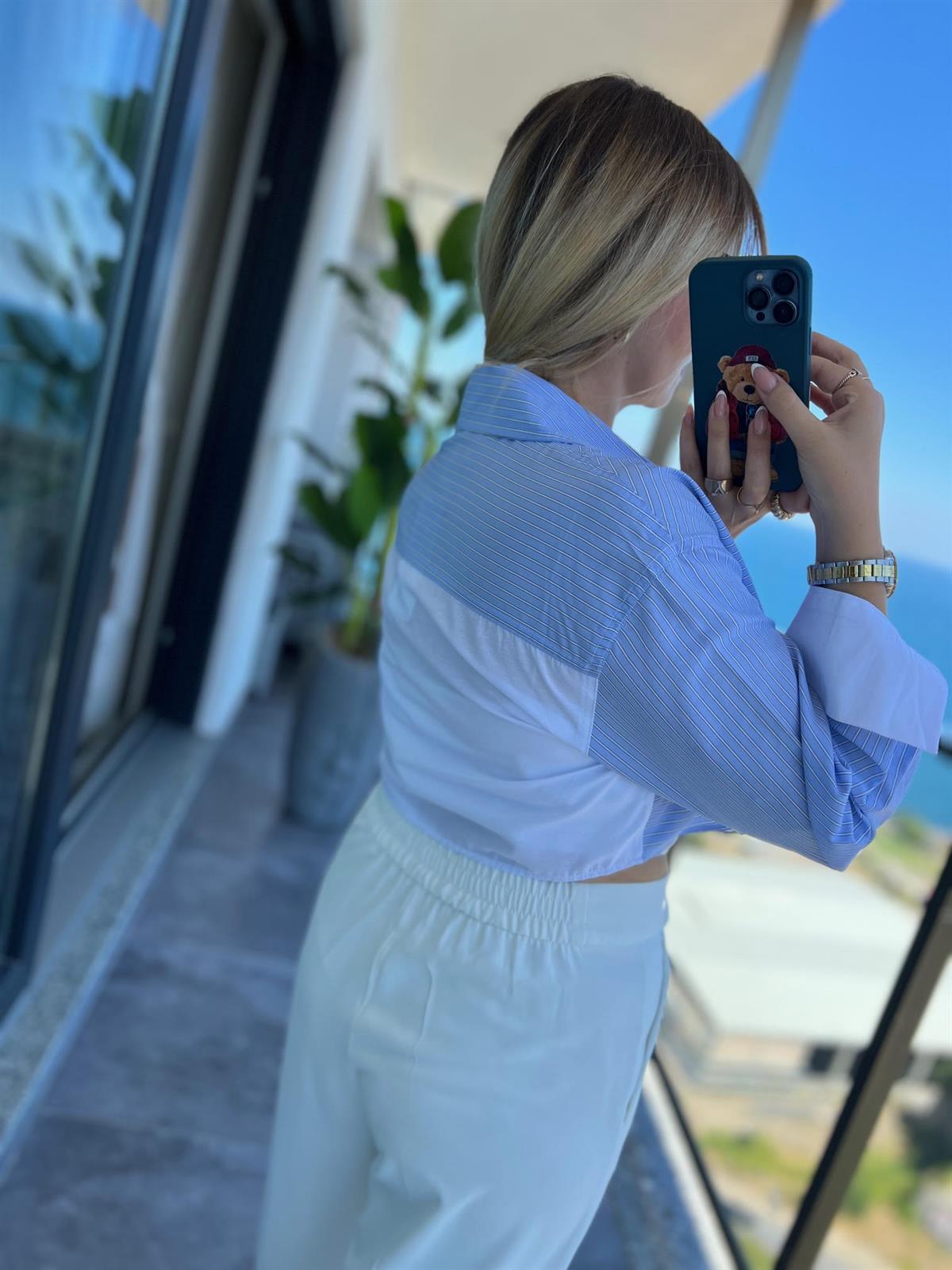 4451 Asimetrik Çizgili Crop Gömlek BEBE MAVİ