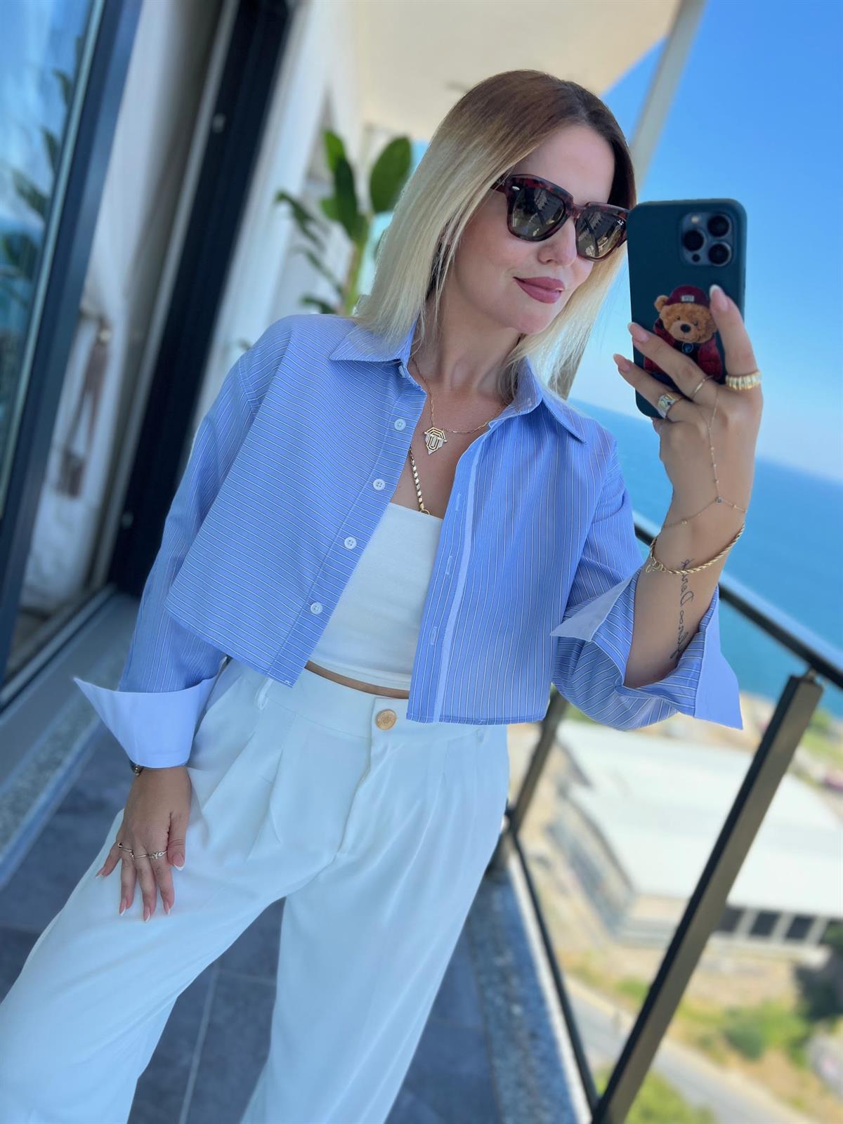 4451 Asimetrik Çizgili Crop Gömlek BEBE MAVİ