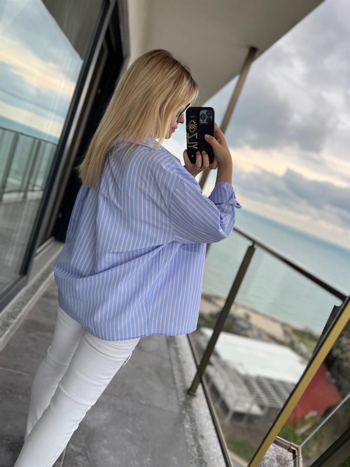 4458 Oversize Çizgili Salaş Gömlek BEBE MAVİ