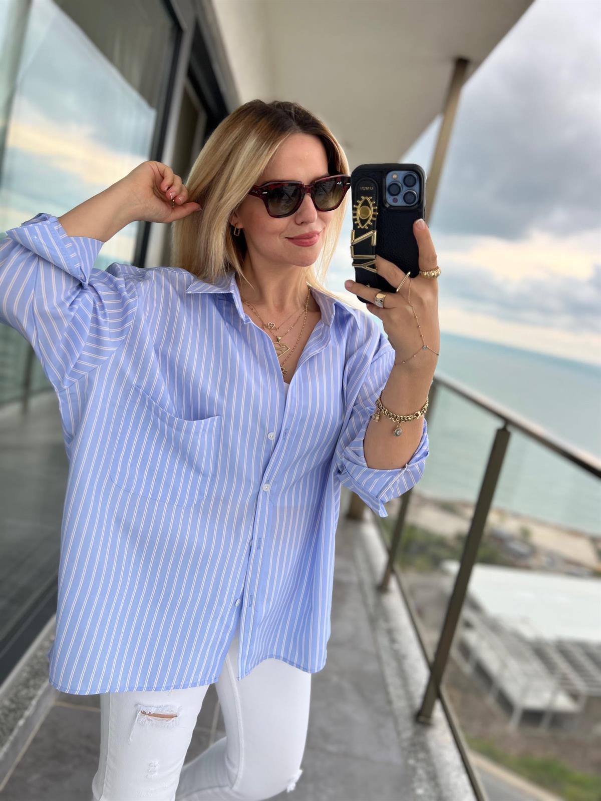 4458 Oversize Çizgili Salaş Gömlek BEBE MAVİ