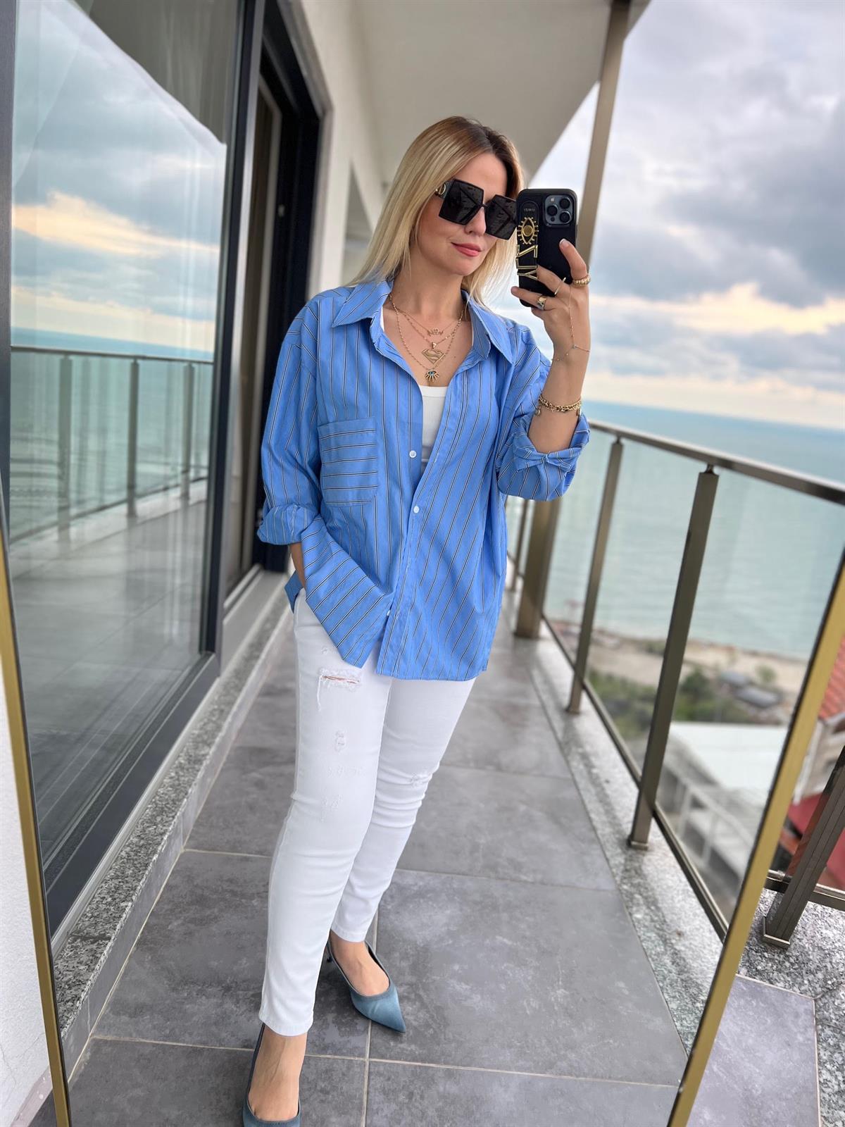 4458 Oversize Çizgili Salaş Gömlek MAVİ