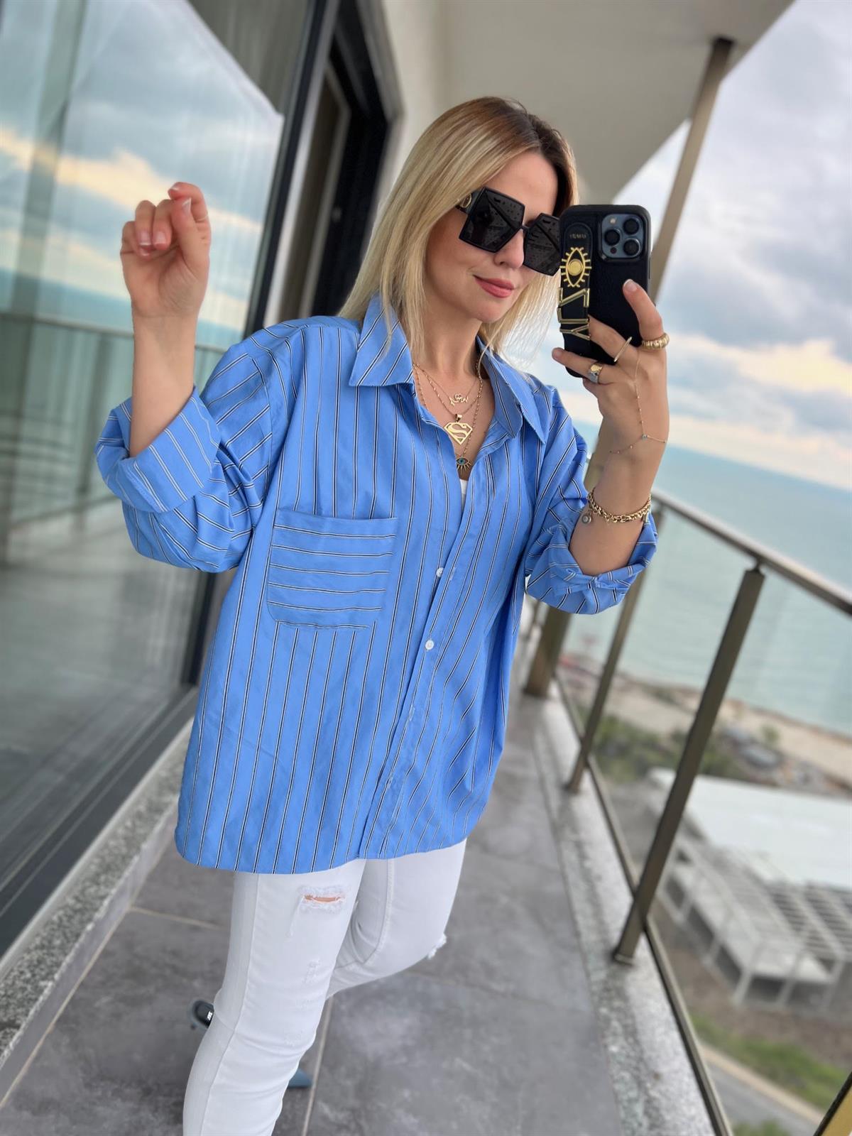 4458 Oversize Çizgili Salaş Gömlek MAVİ