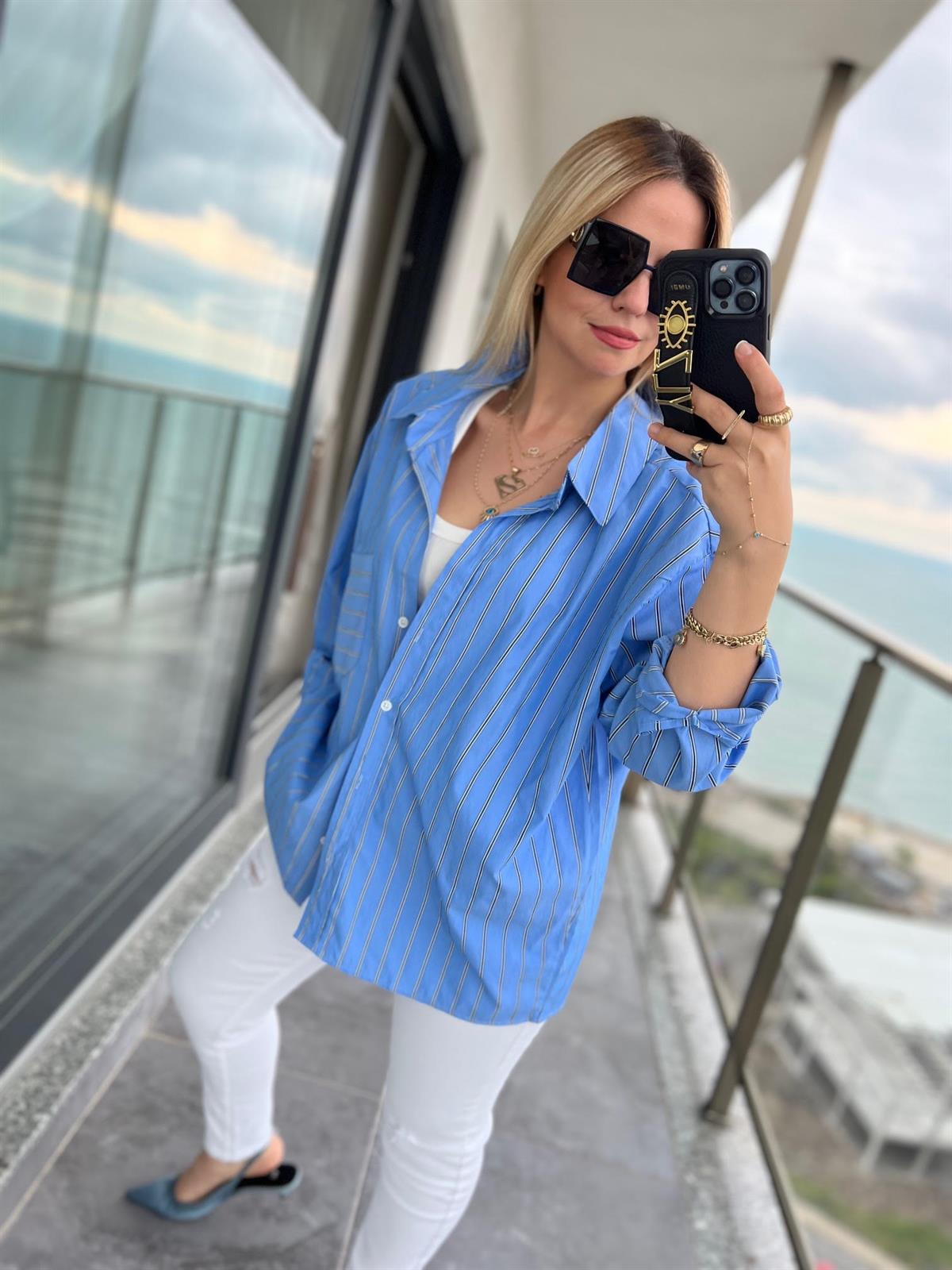 4458 Oversize Çizgili Salaş Gömlek MAVİ