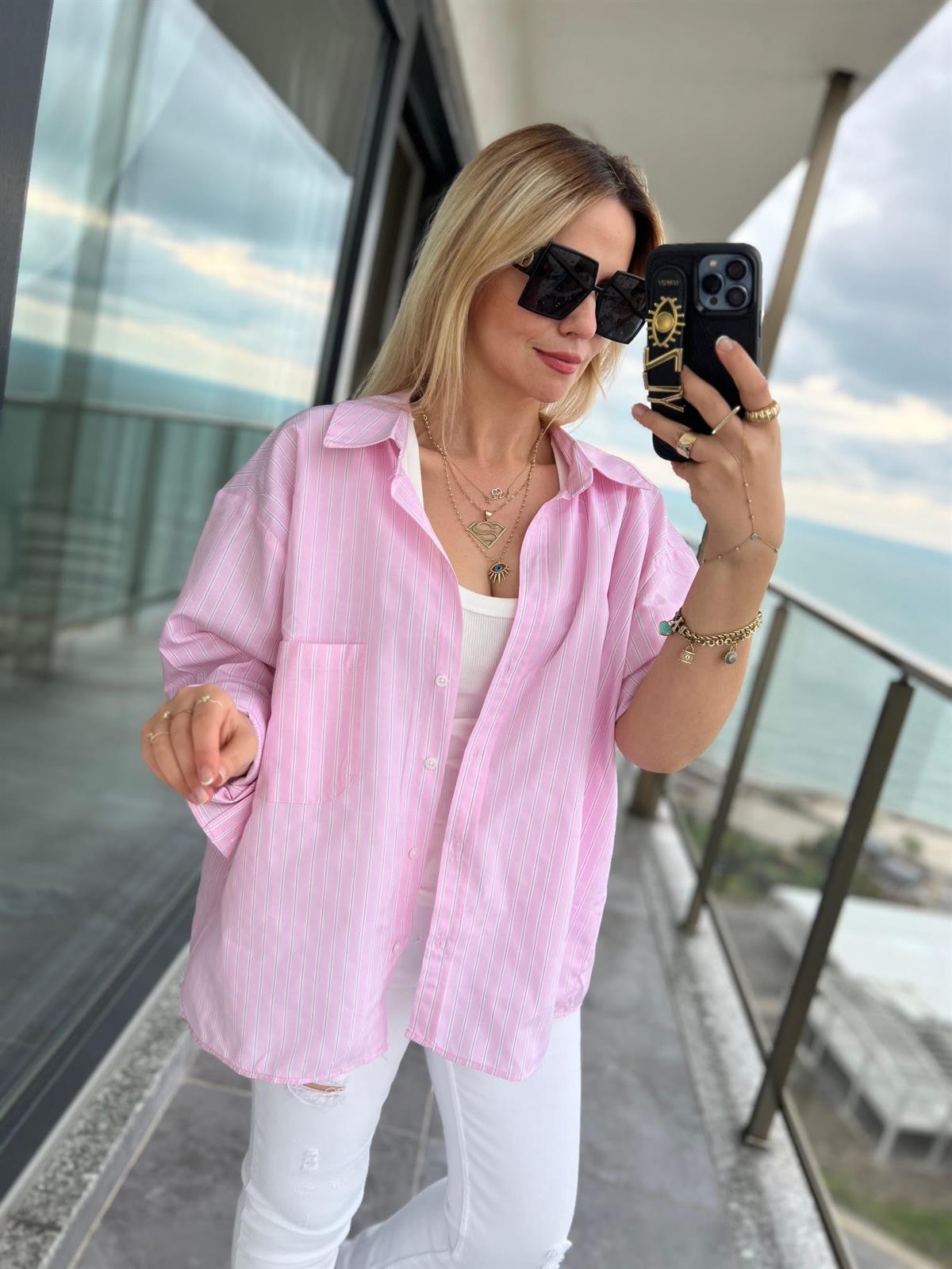 4458 Oversize Çizgili Salaş Gömlek PEMBE