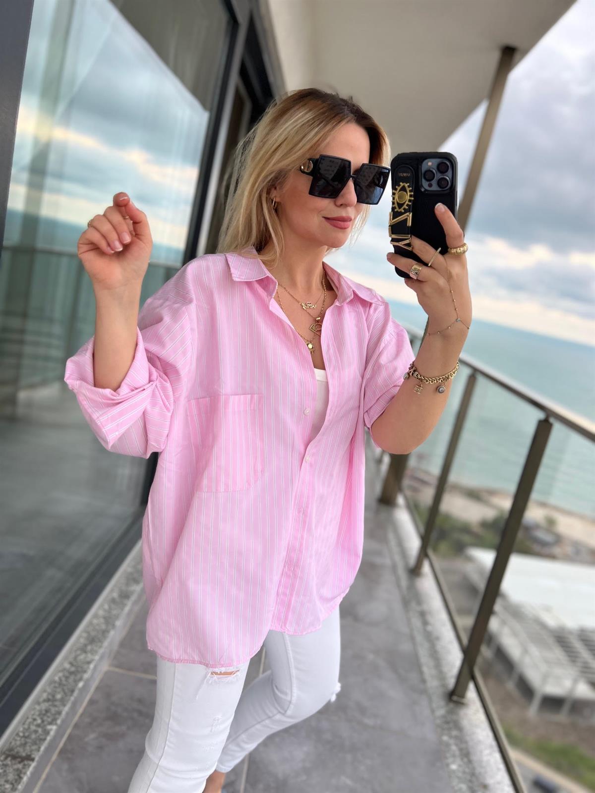 4458 Oversize Çizgili Salaş Gömlek PEMBE
