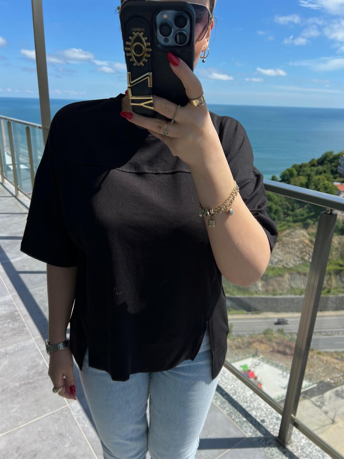 4458 Yırtmaçlı Parçalı Tshirt SİYAH