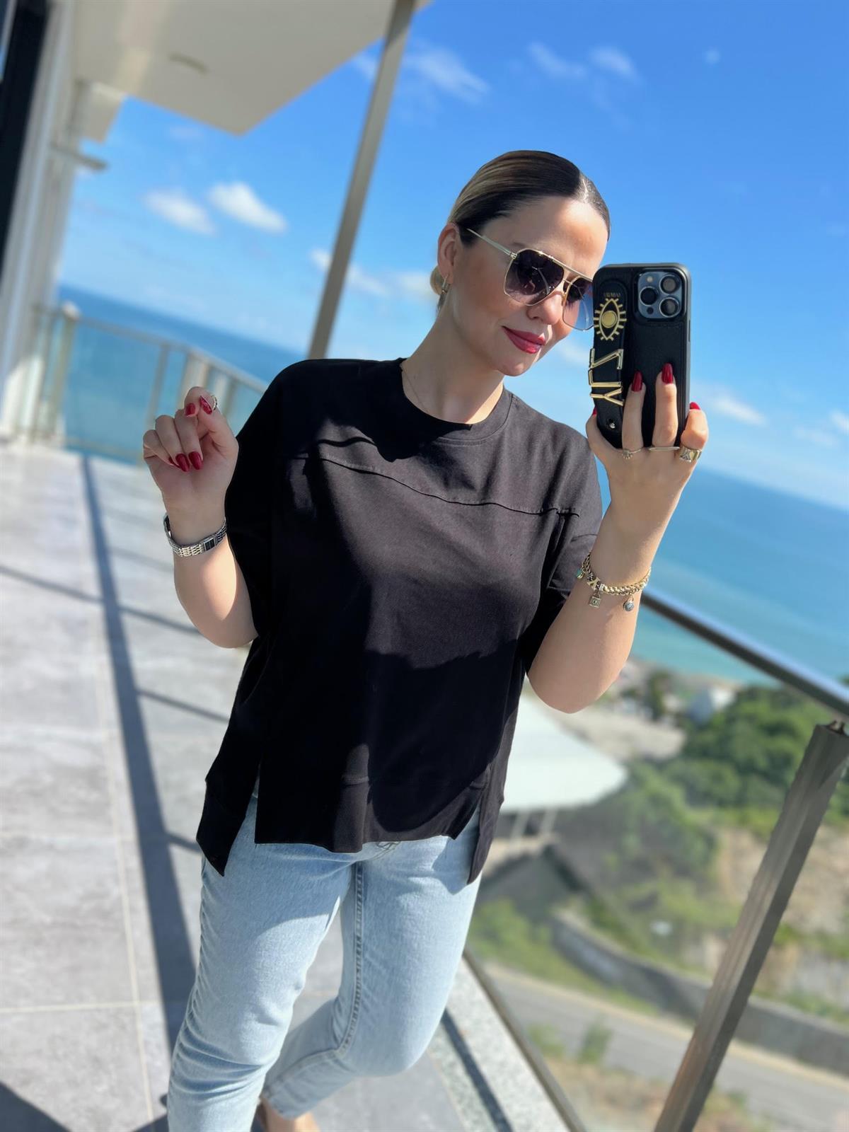 4458 Yırtmaçlı Parçalı Tshirt SİYAH