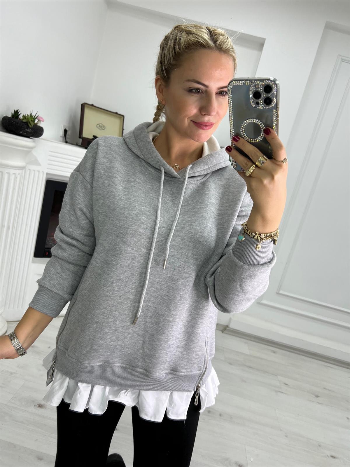4496 Garnili Gömlek Detaylı Sweat GRİ