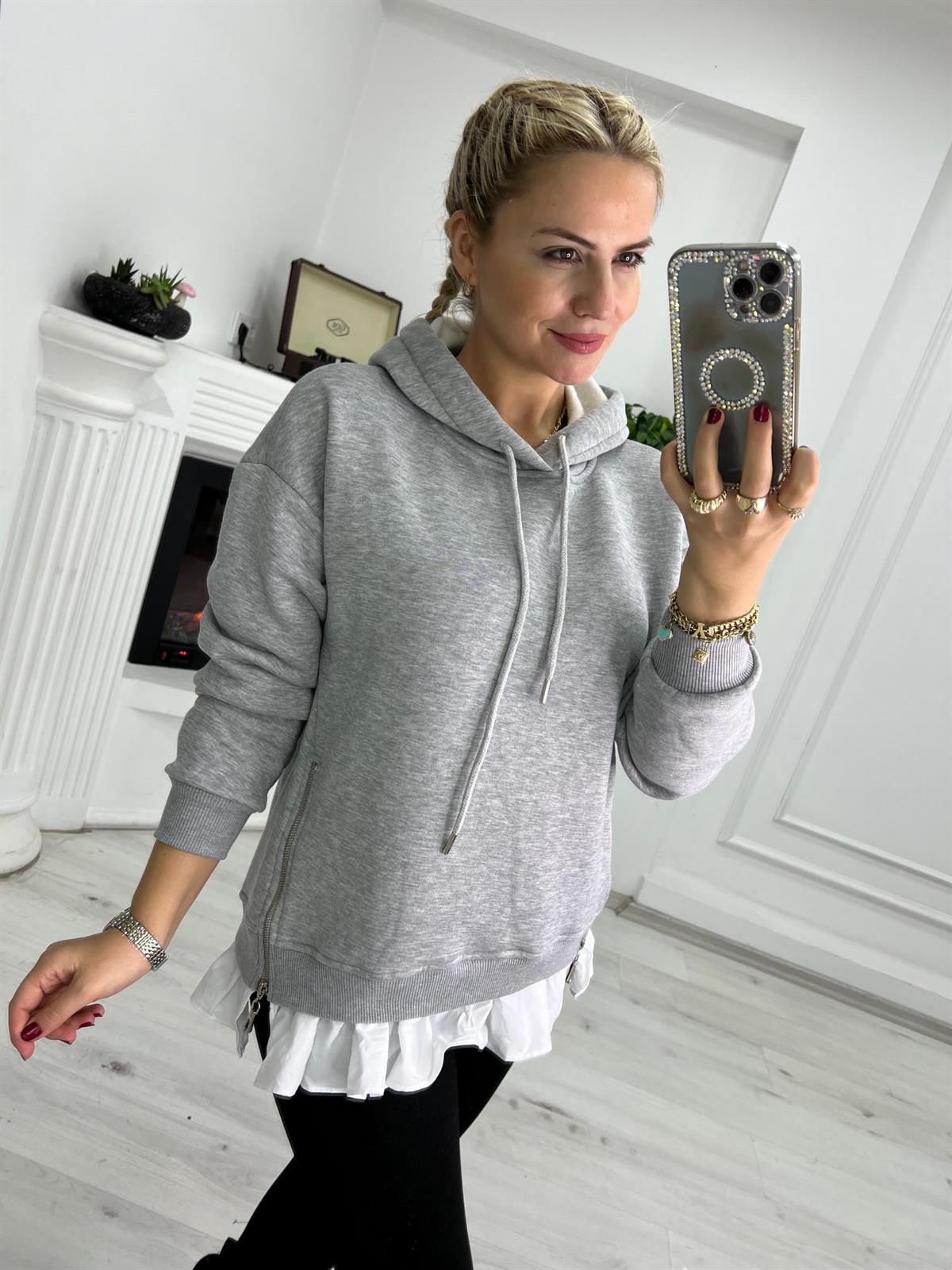 4496 Garnili Gömlek Detaylı Sweat GRİ