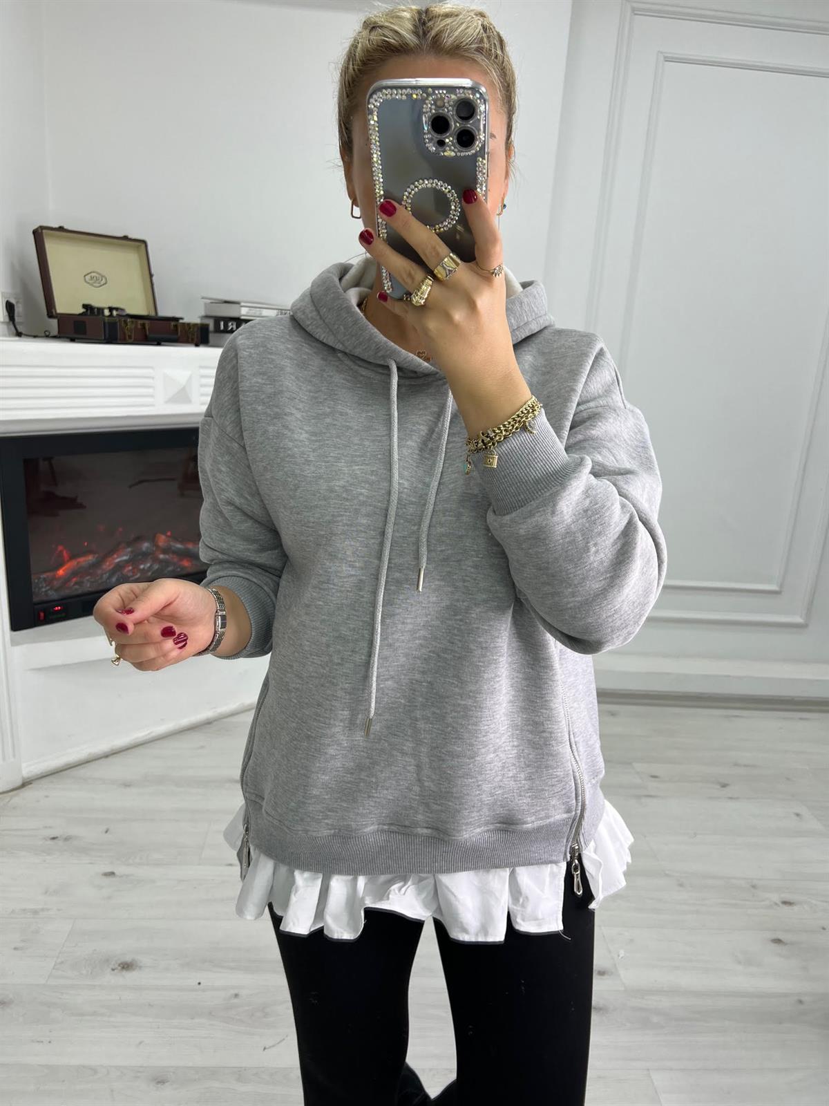 4496 Garnili Gömlek Detaylı Sweat GRİ