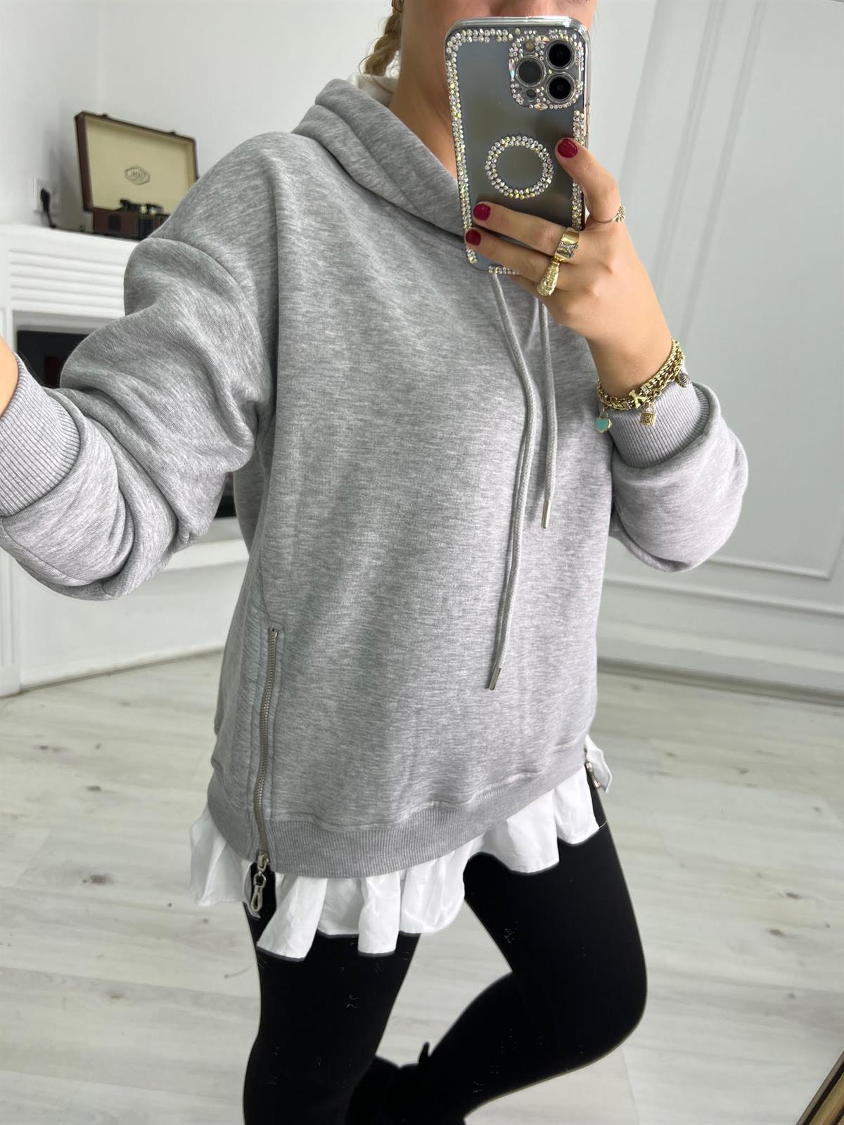 4496 Garnili Gömlek Detaylı Sweat GRİ