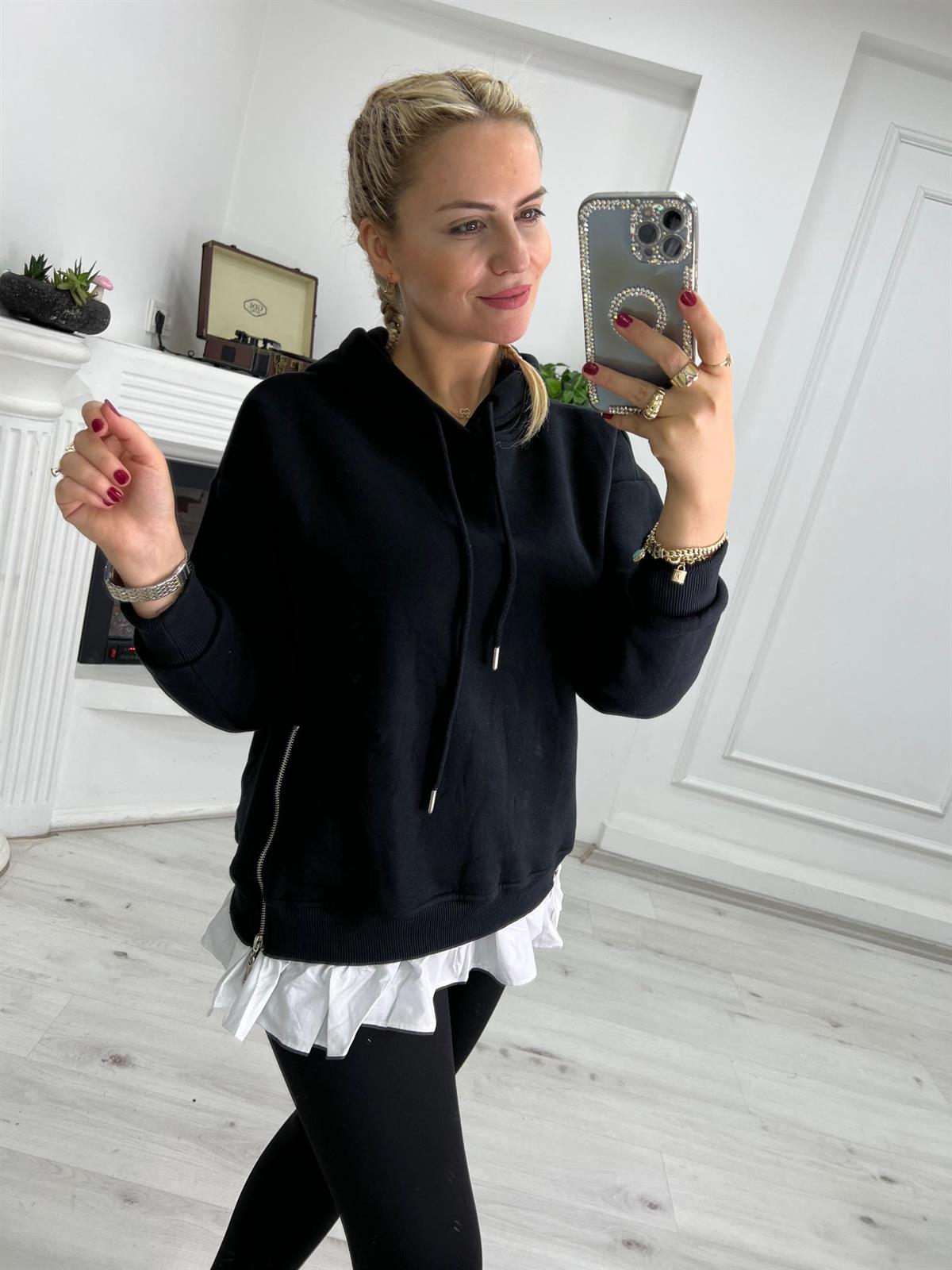 4496 Garnili Gömlek Detaylı Sweat SİYAH
