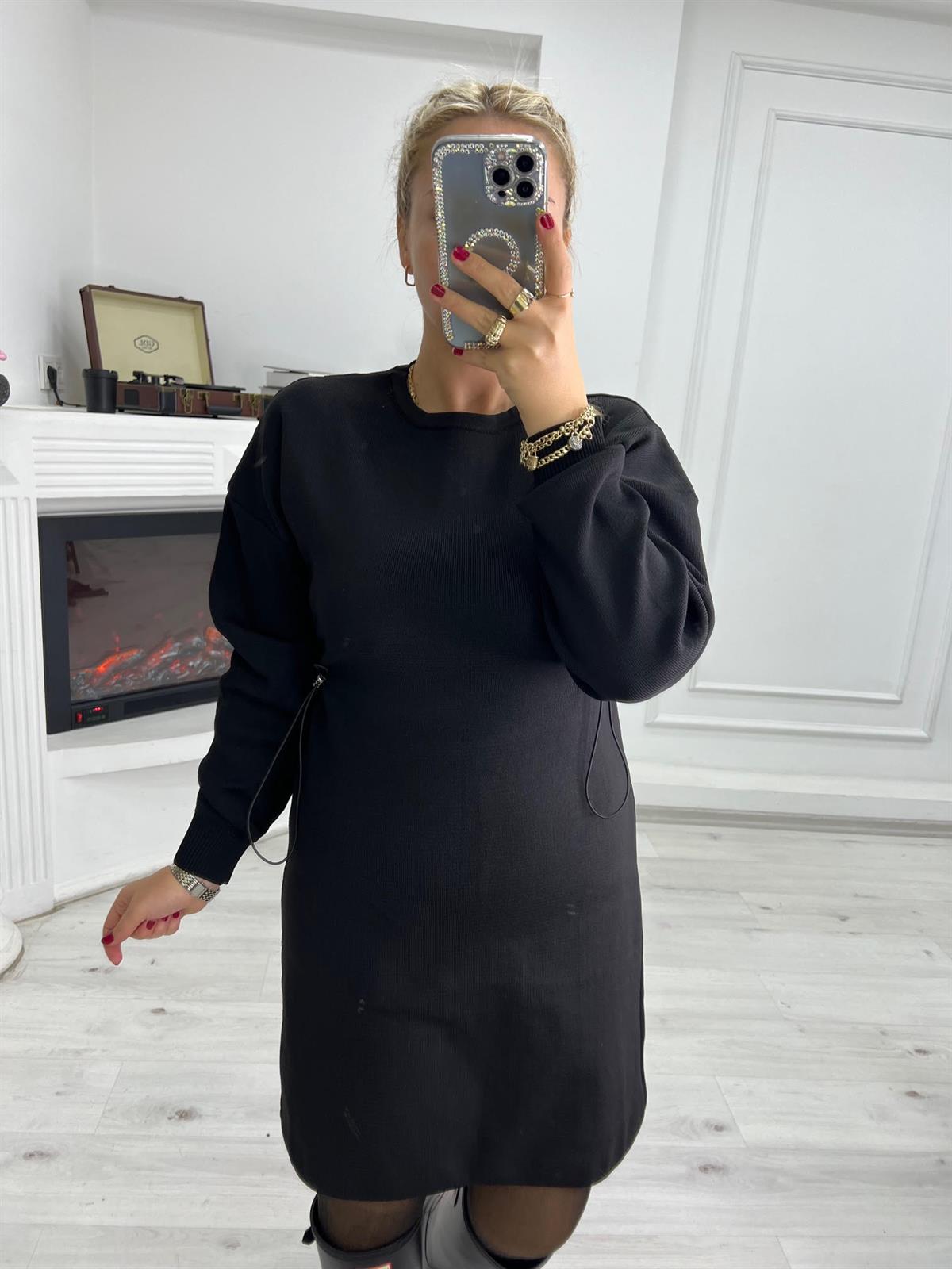 4510 Beli Tünel Detay Triko Elbise SİYAH