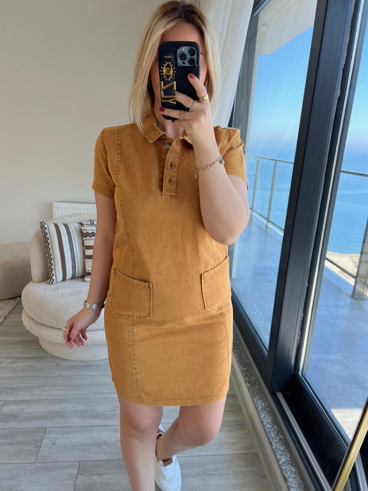 458 Ön Cepli Gabardin Elbise CAMEL