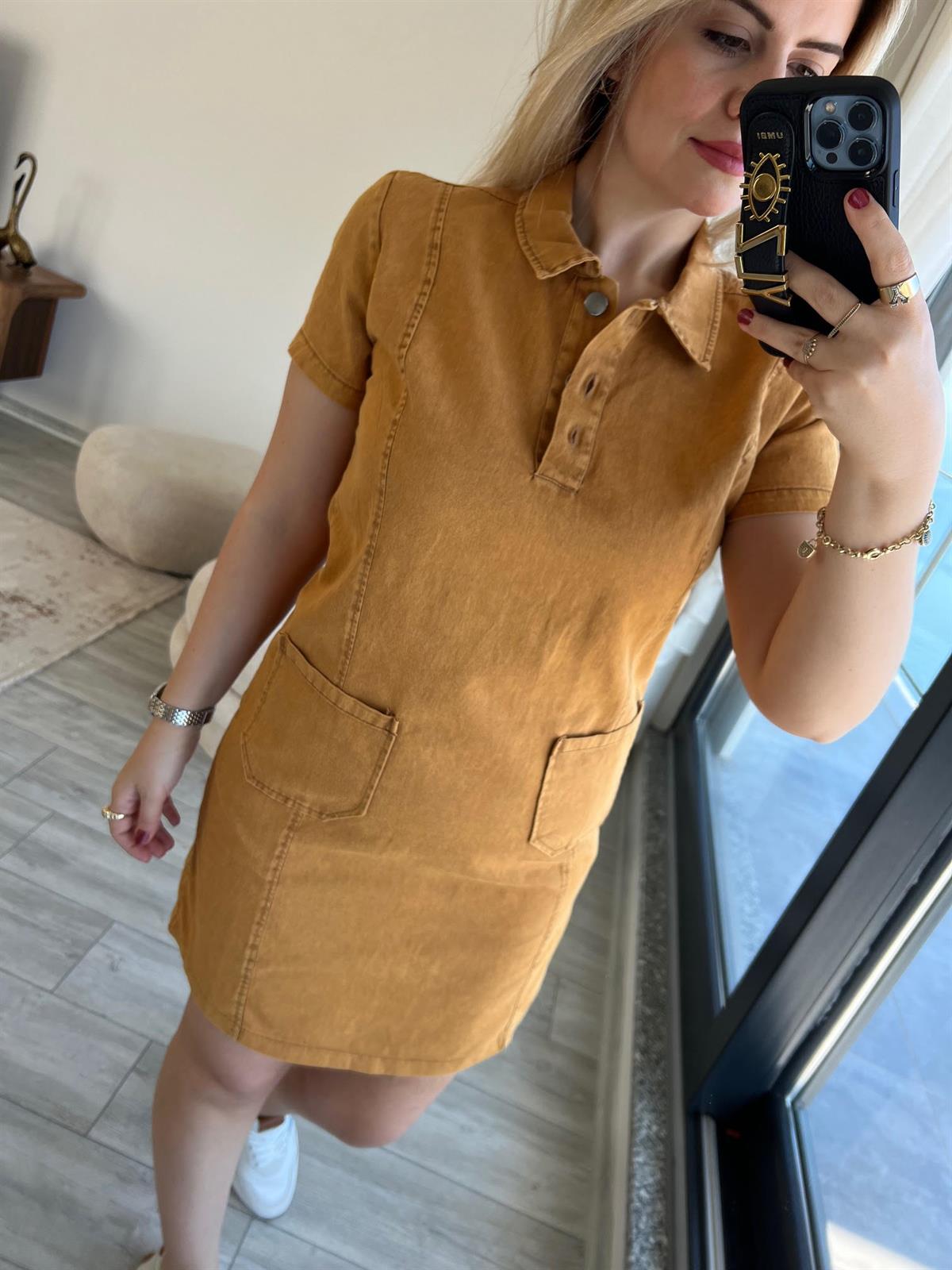 458 Ön Cepli Gabardin Elbise CAMEL