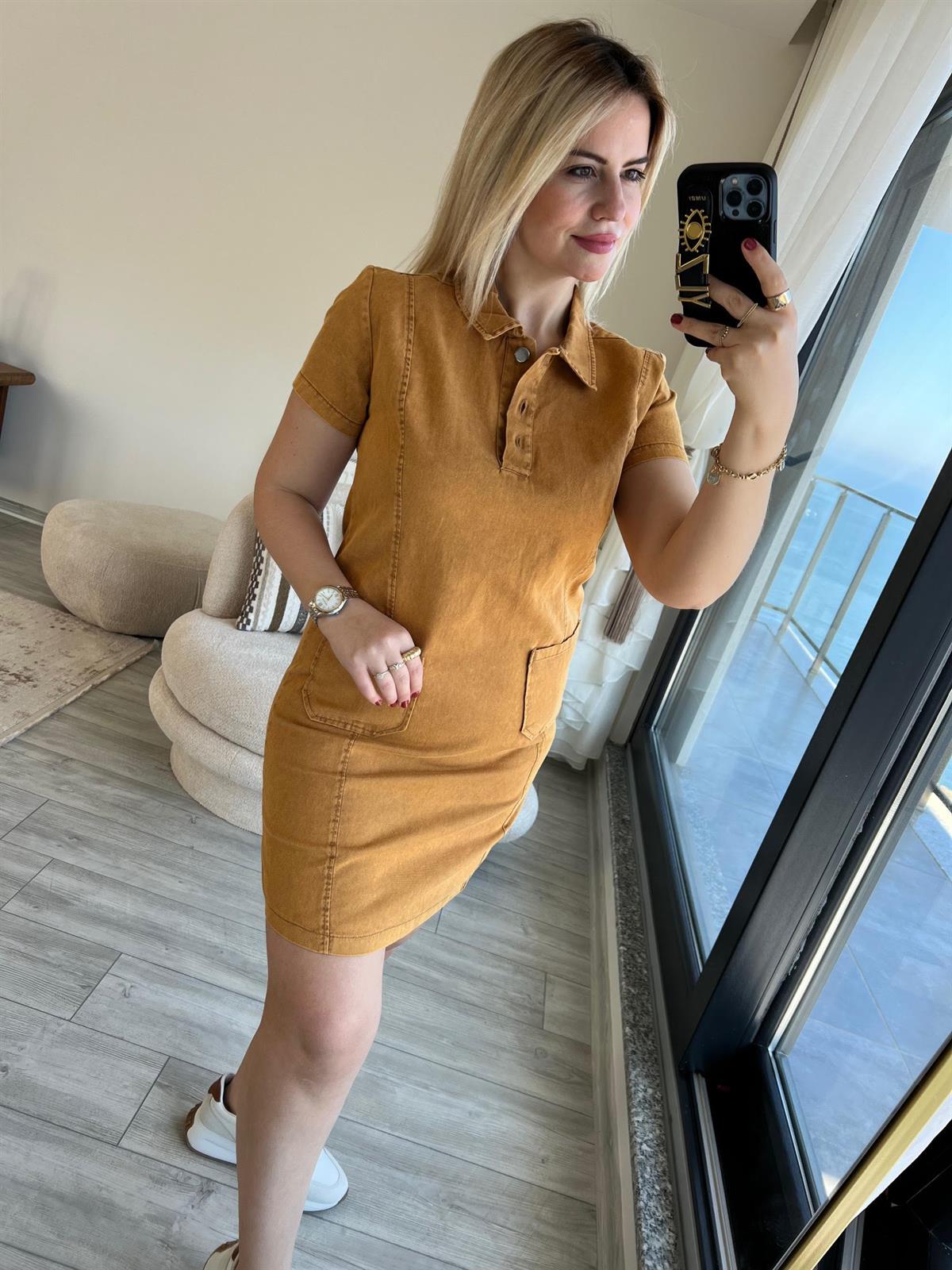 458 Ön Cepli Gabardin Elbise CAMEL