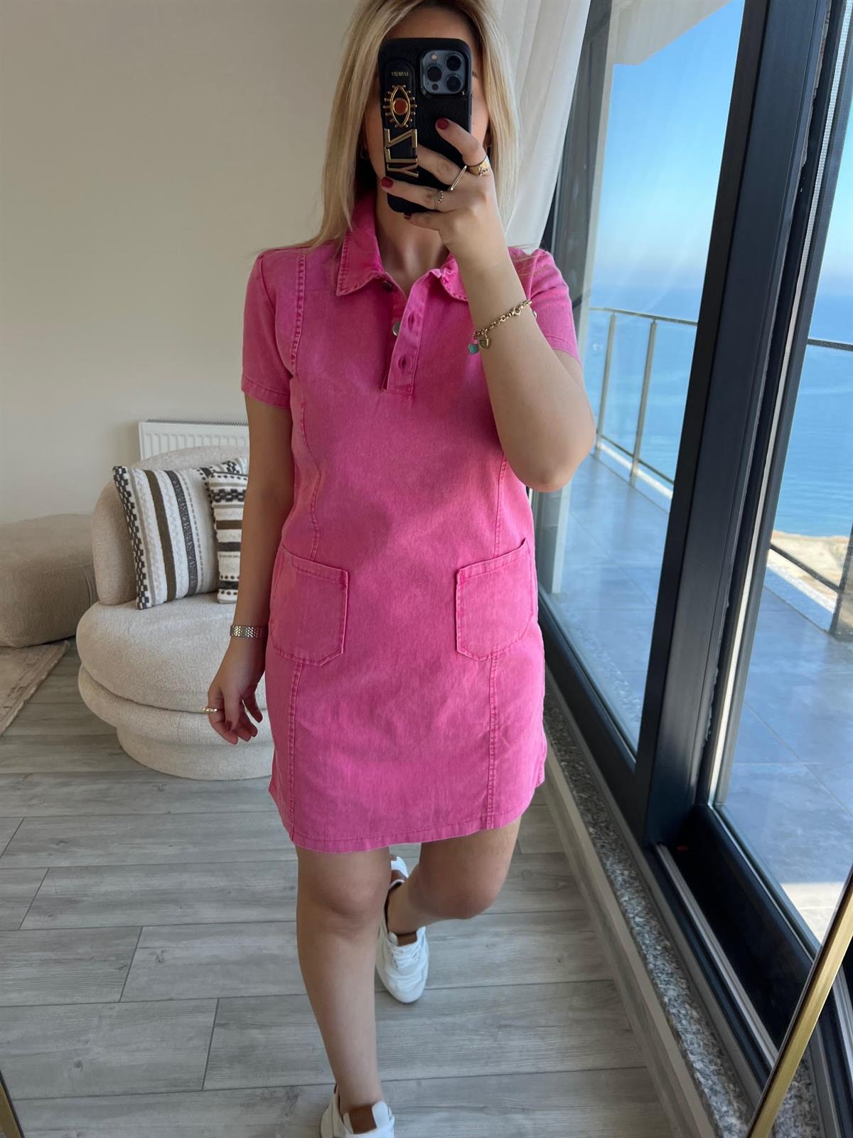 458 Ön Cepli Gabardin Elbise PEMBE