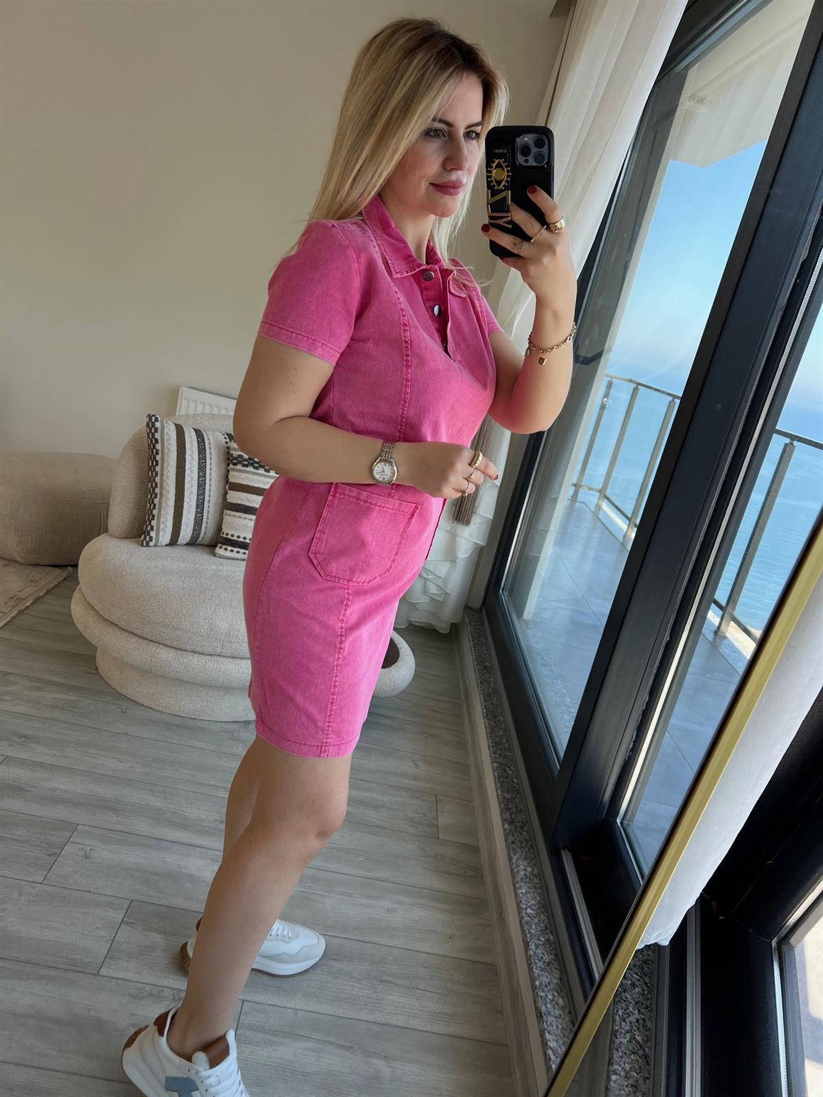 458 Ön Cepli Gabardin Elbise PEMBE